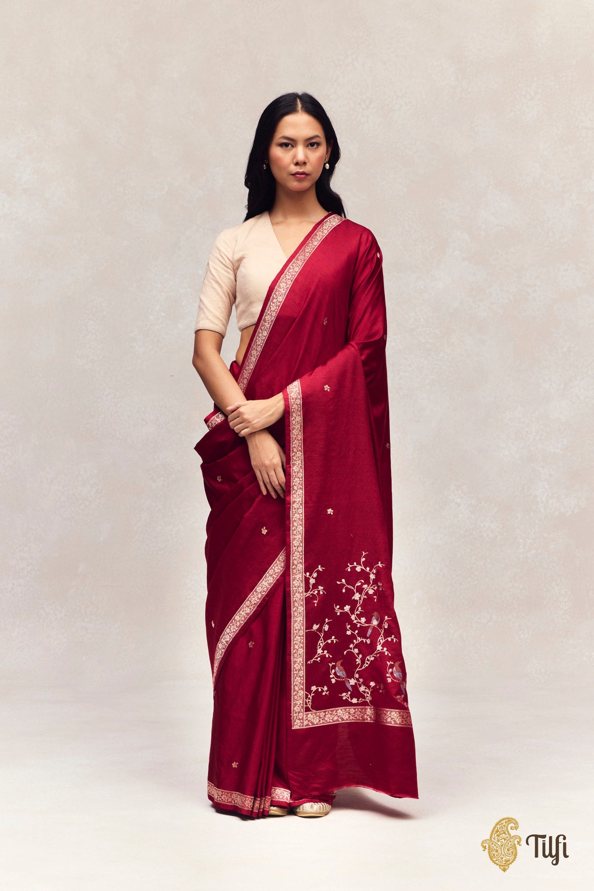 'Winter Song' Maroon Silk-Pashmina Wool Banarasi Handloom Saree