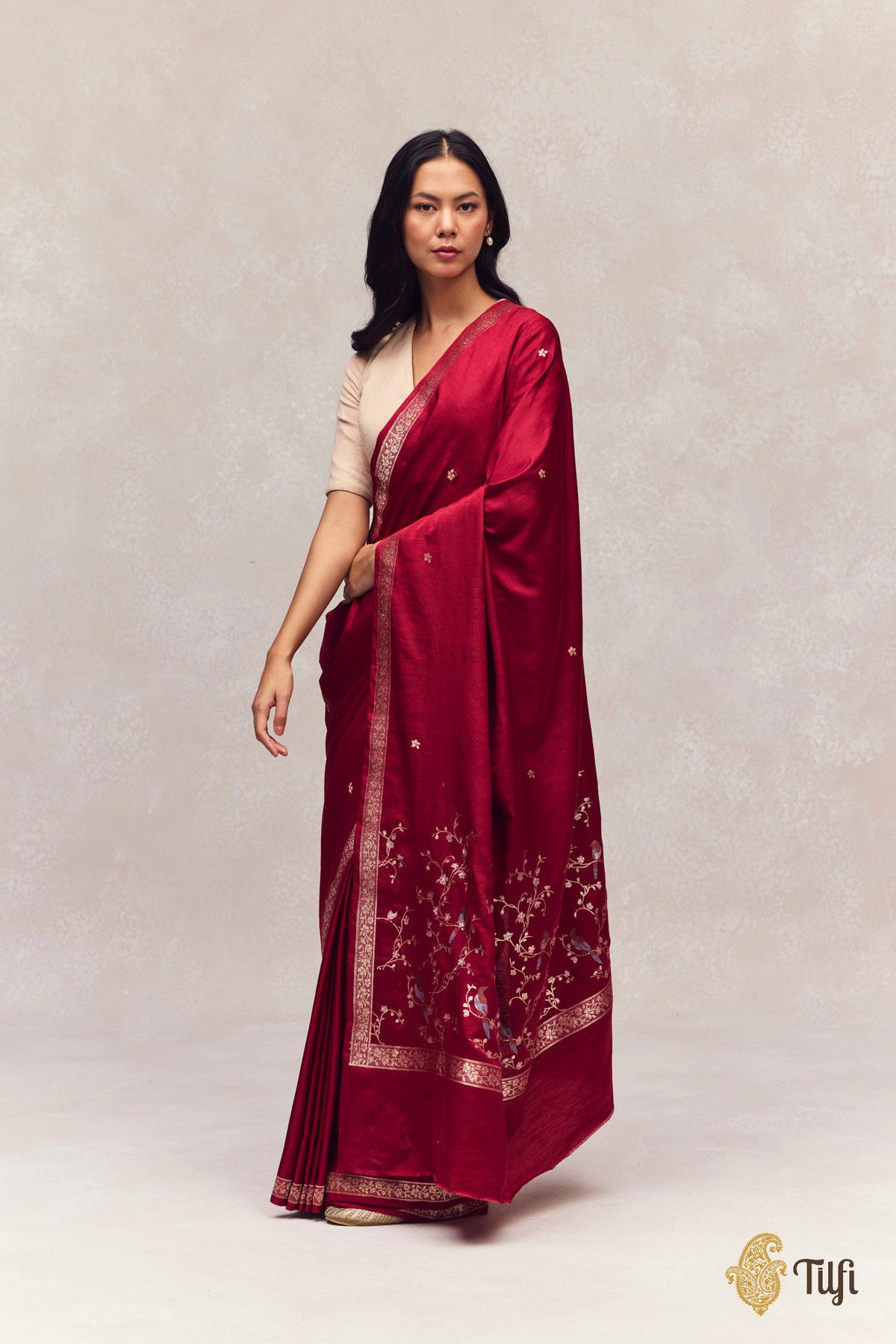 'Winter Song' Maroon Silk-Pashmina Wool Banarasi Handloom Saree