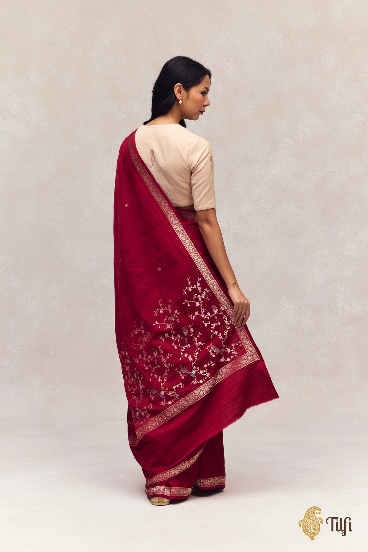 'Winter Song' Maroon Silk-Pashmina Wool Banarasi Handloom Saree