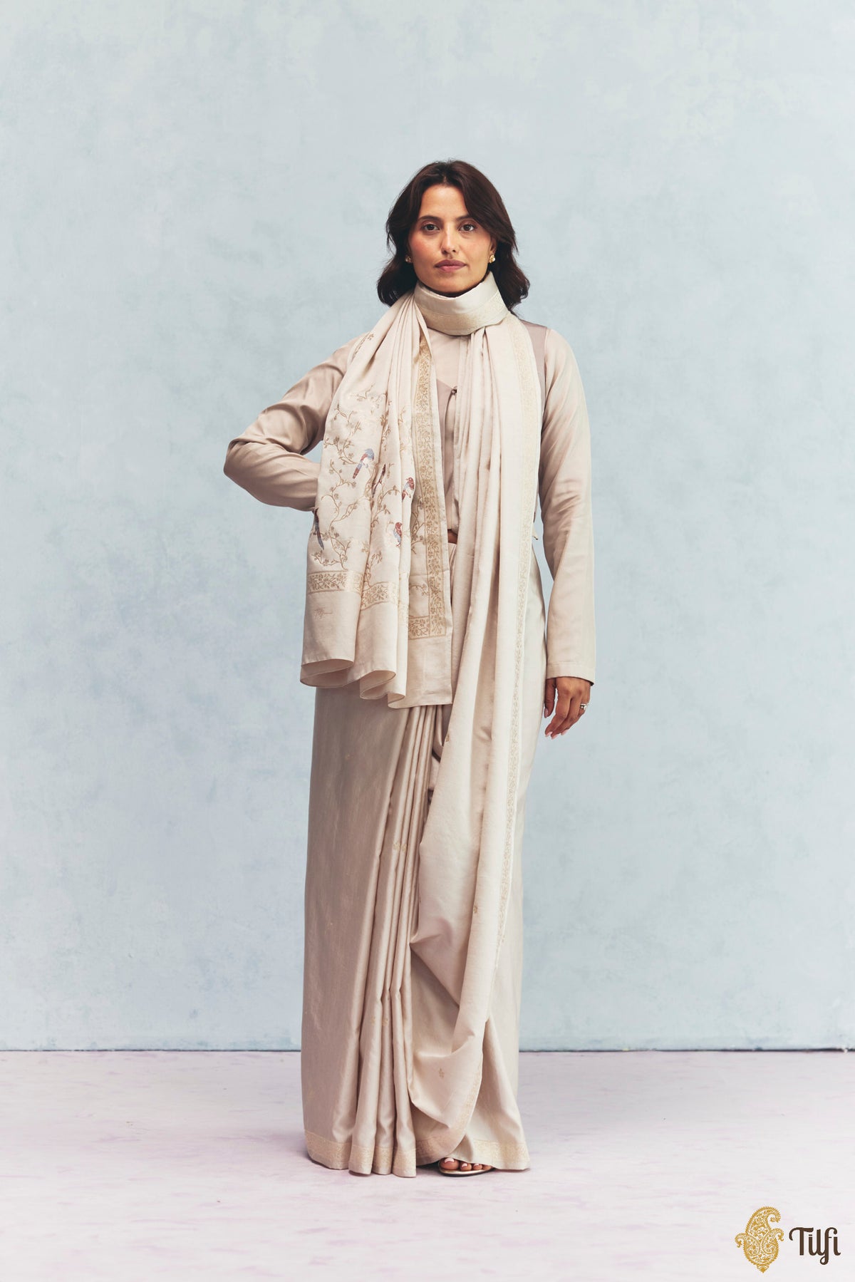 'Winter Song' Off White Silk-Pashmina Wool Banarasi Handloom Saree