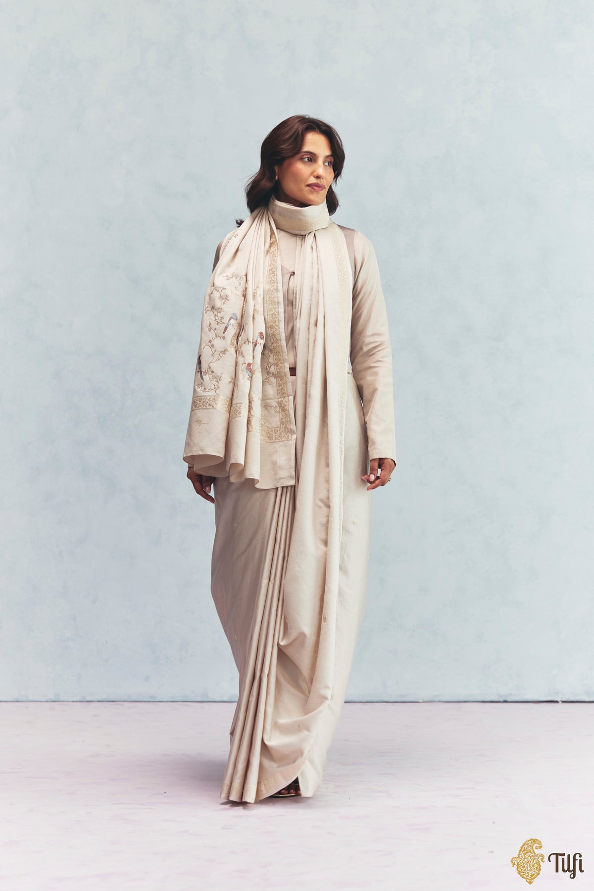 'Winter Song' Off White Silk-Pashmina Wool Banarasi Handloom Saree