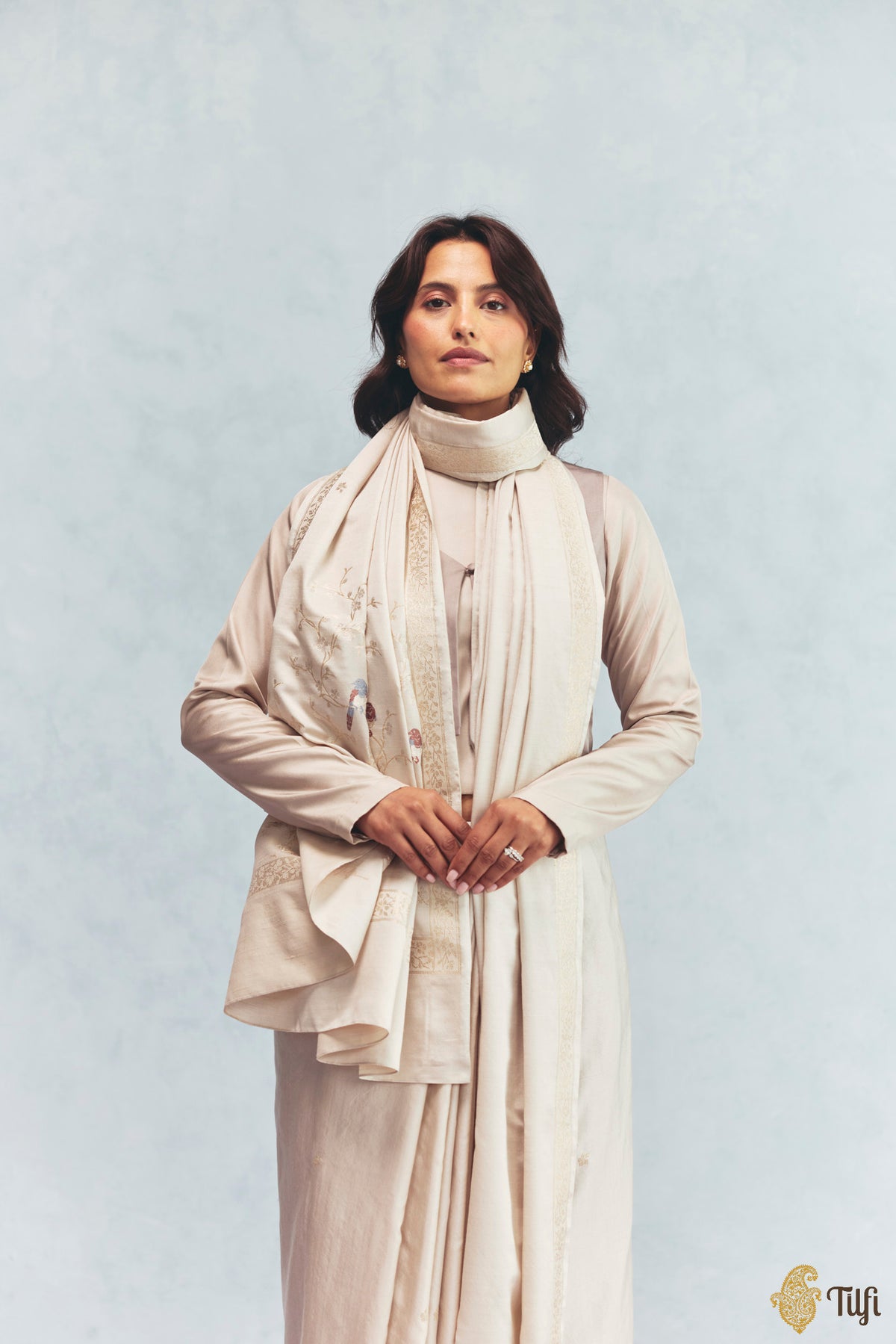 'Winter Song' Off White Silk-Pashmina Wool Banarasi Handloom Saree