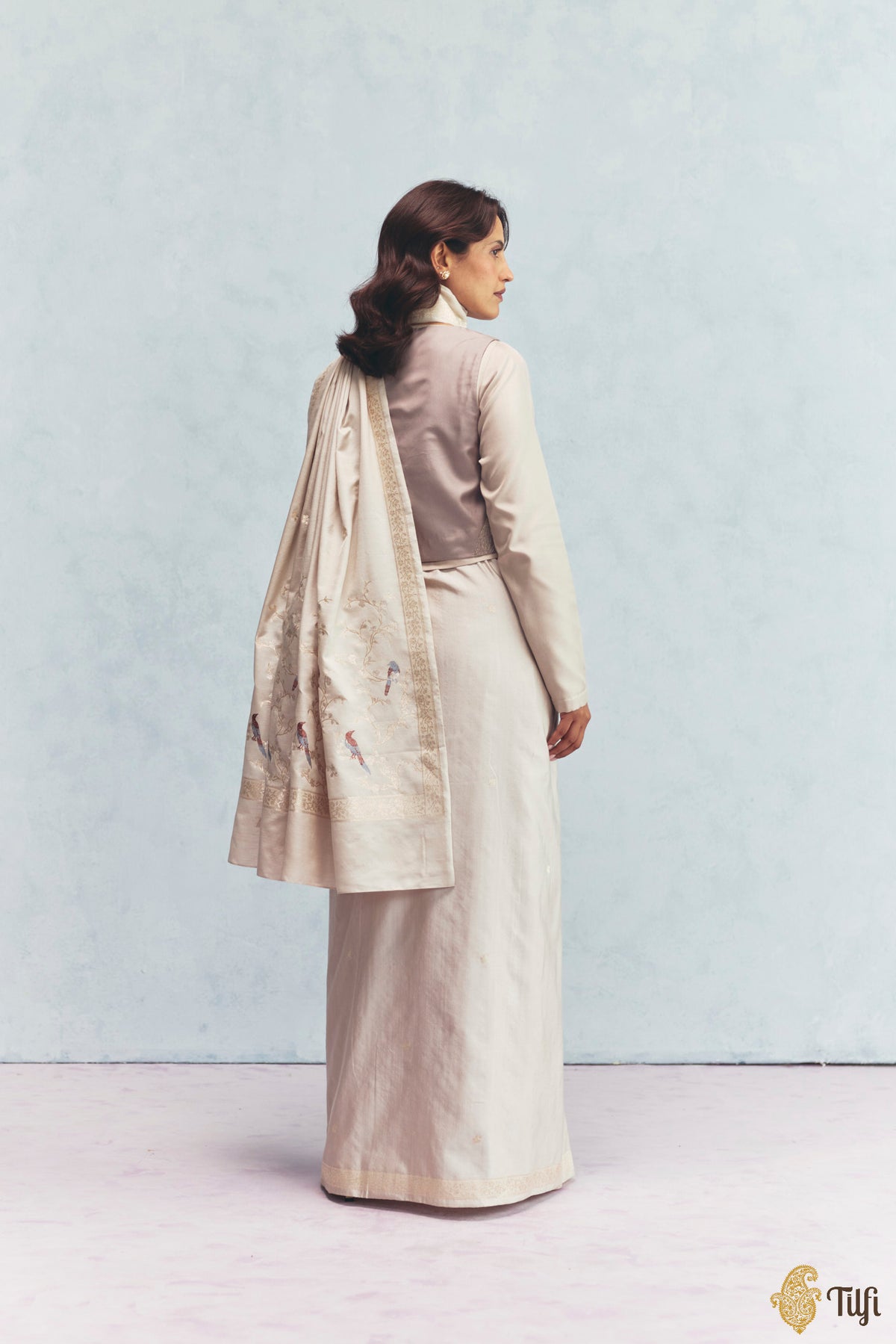 'Winter Song' Off White Silk-Pashmina Wool Banarasi Handloom Saree