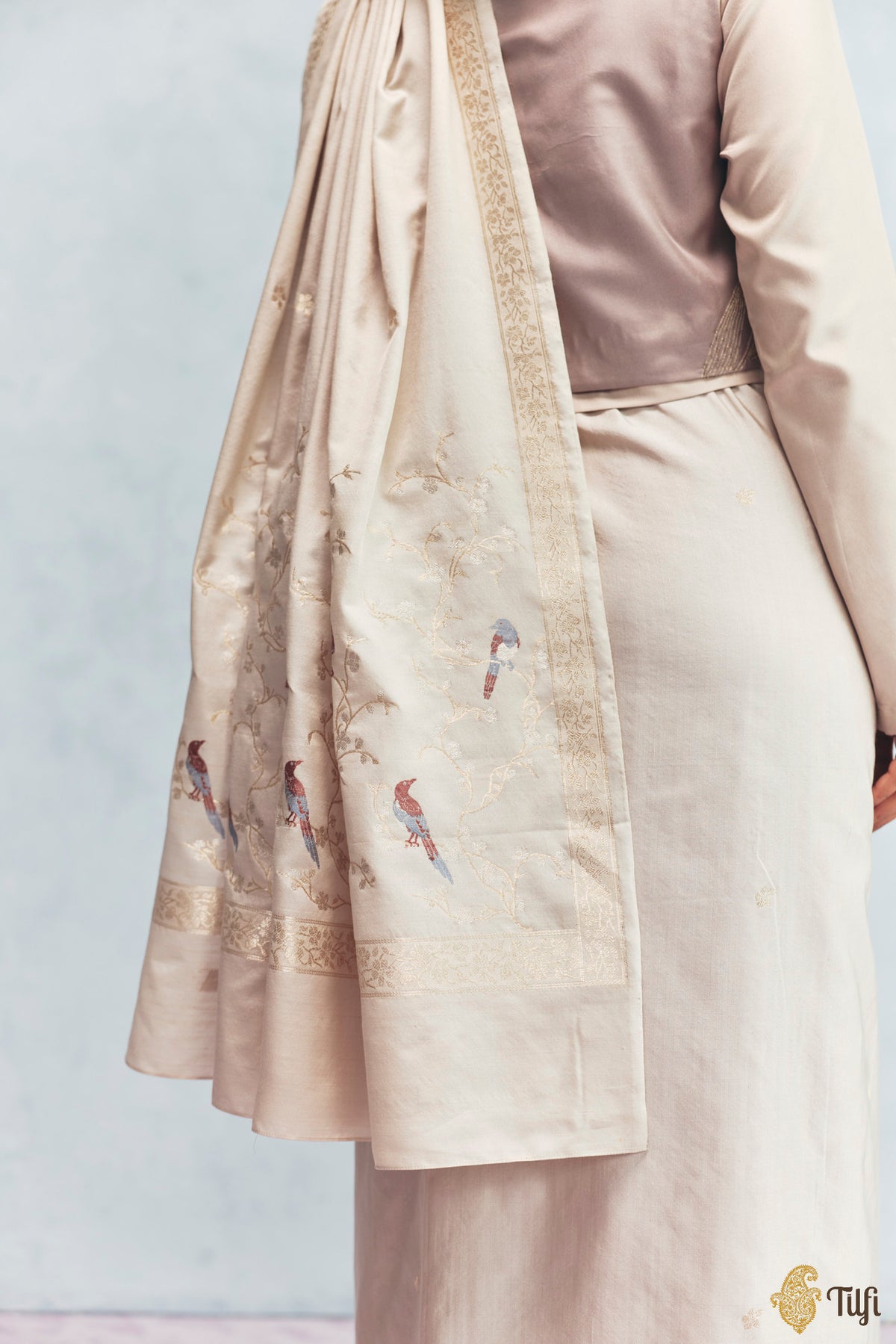 'Winter Song' Off White Silk-Pashmina Wool Banarasi Handloom Saree