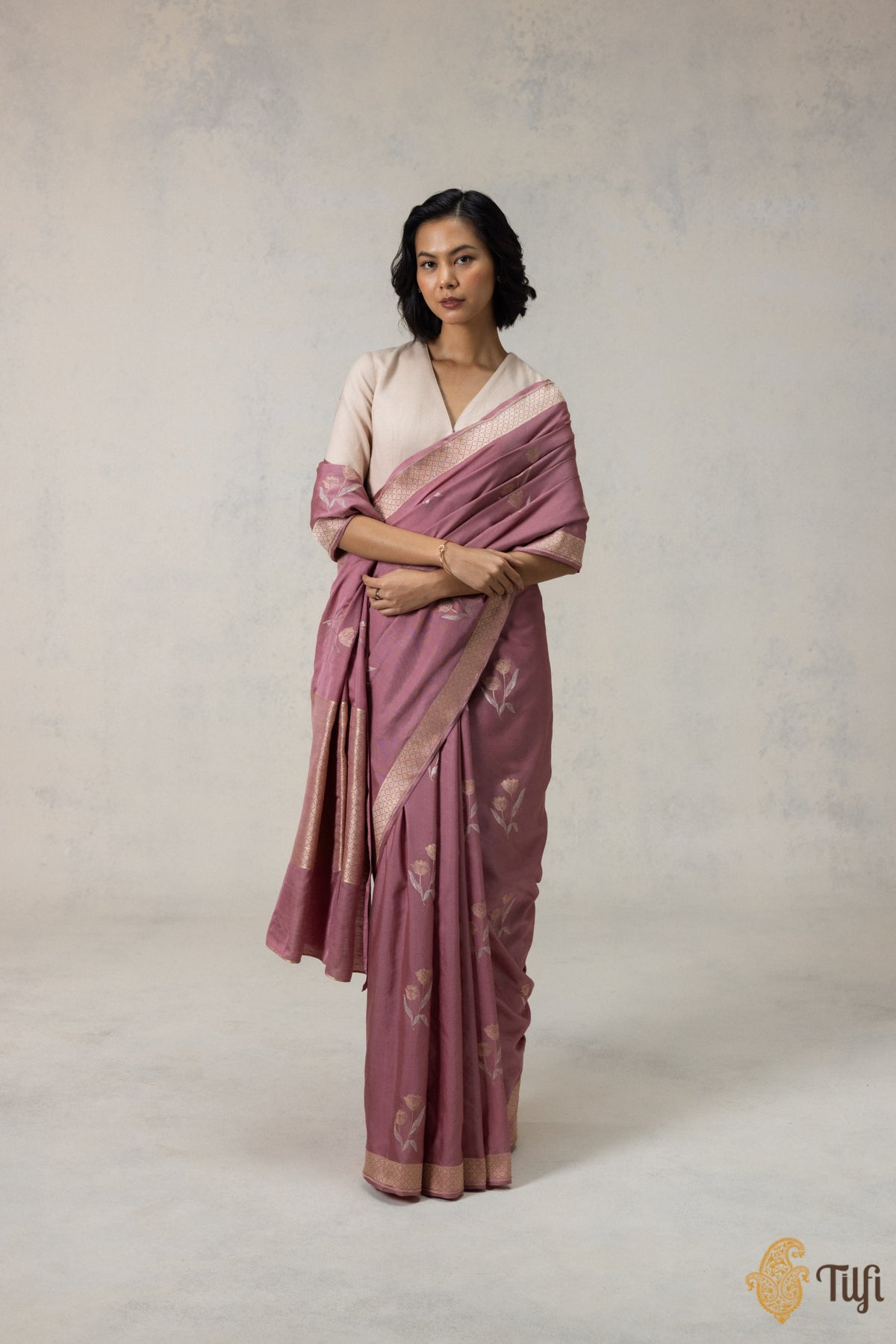 Old Rose Pink Silk-Wool Banarasi Handloom Saree