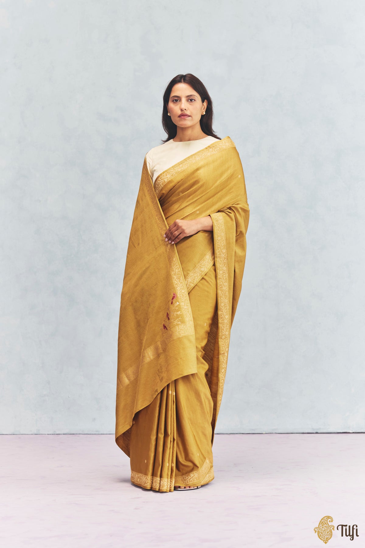 'Willow' Mustard Yellow Silk-Pashmina Wool Banarasi Handloom Saree