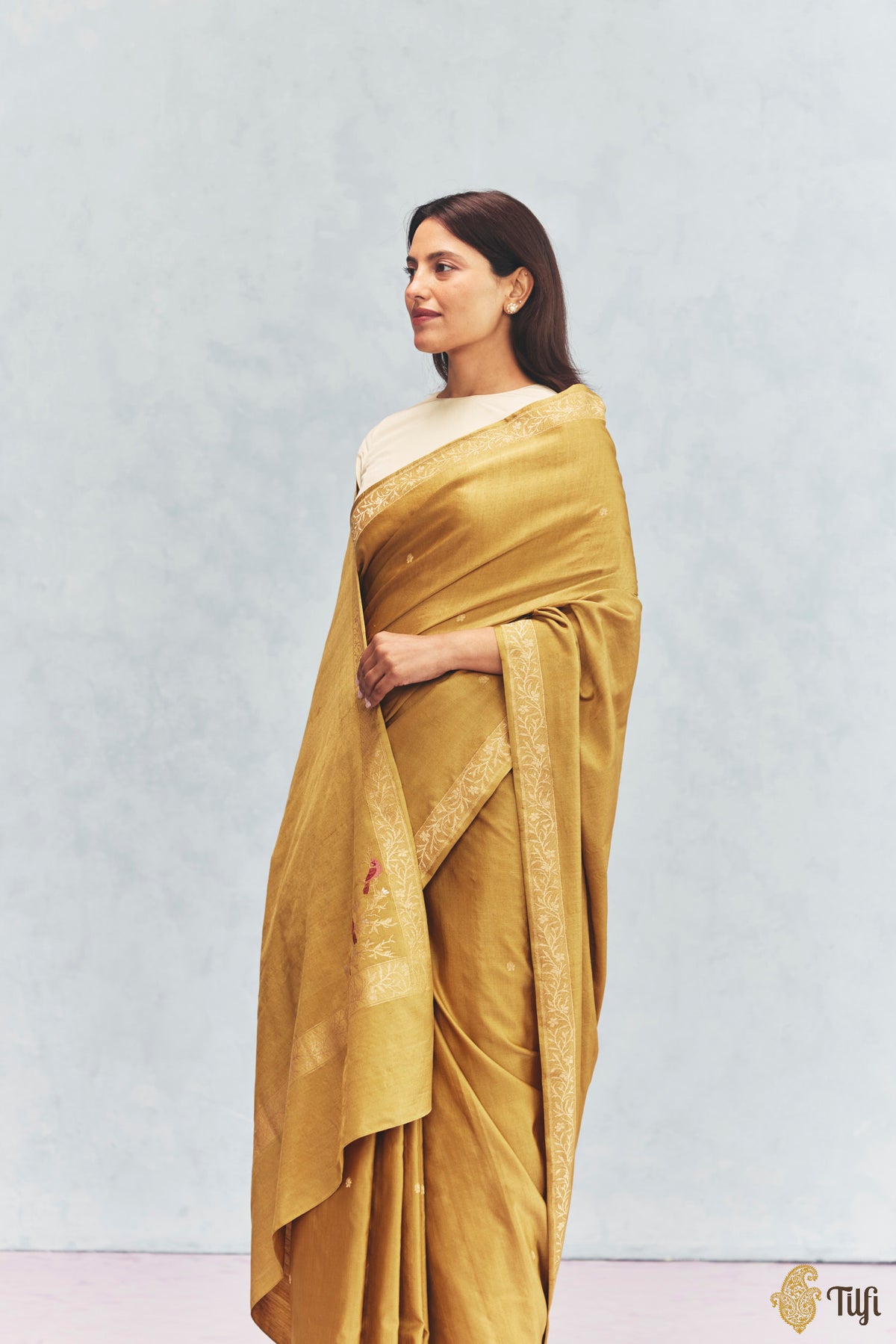 'Willow' Mustard Yellow Silk-Pashmina Wool Banarasi Handloom Saree