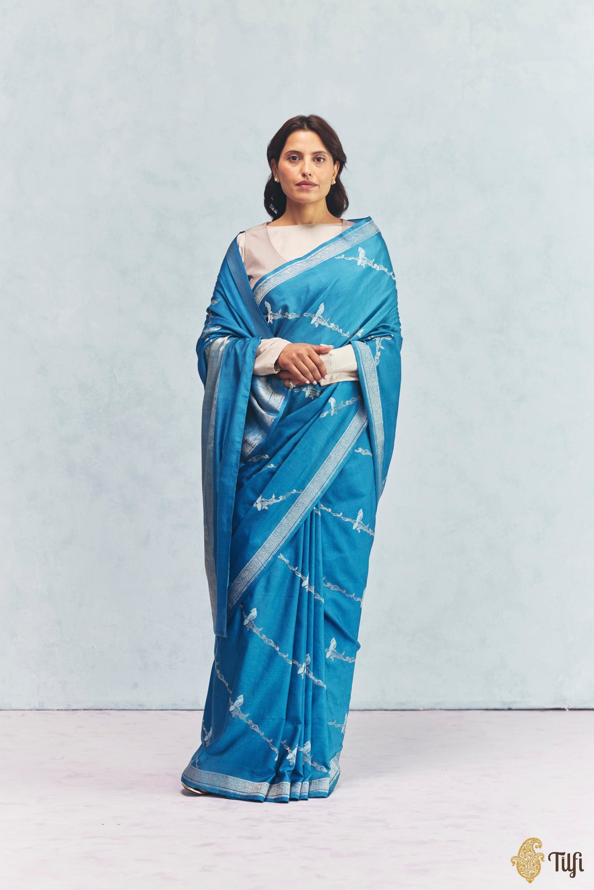 'Eden' Blue Silk-Pashmina Wool Banarasi Handloom Saree