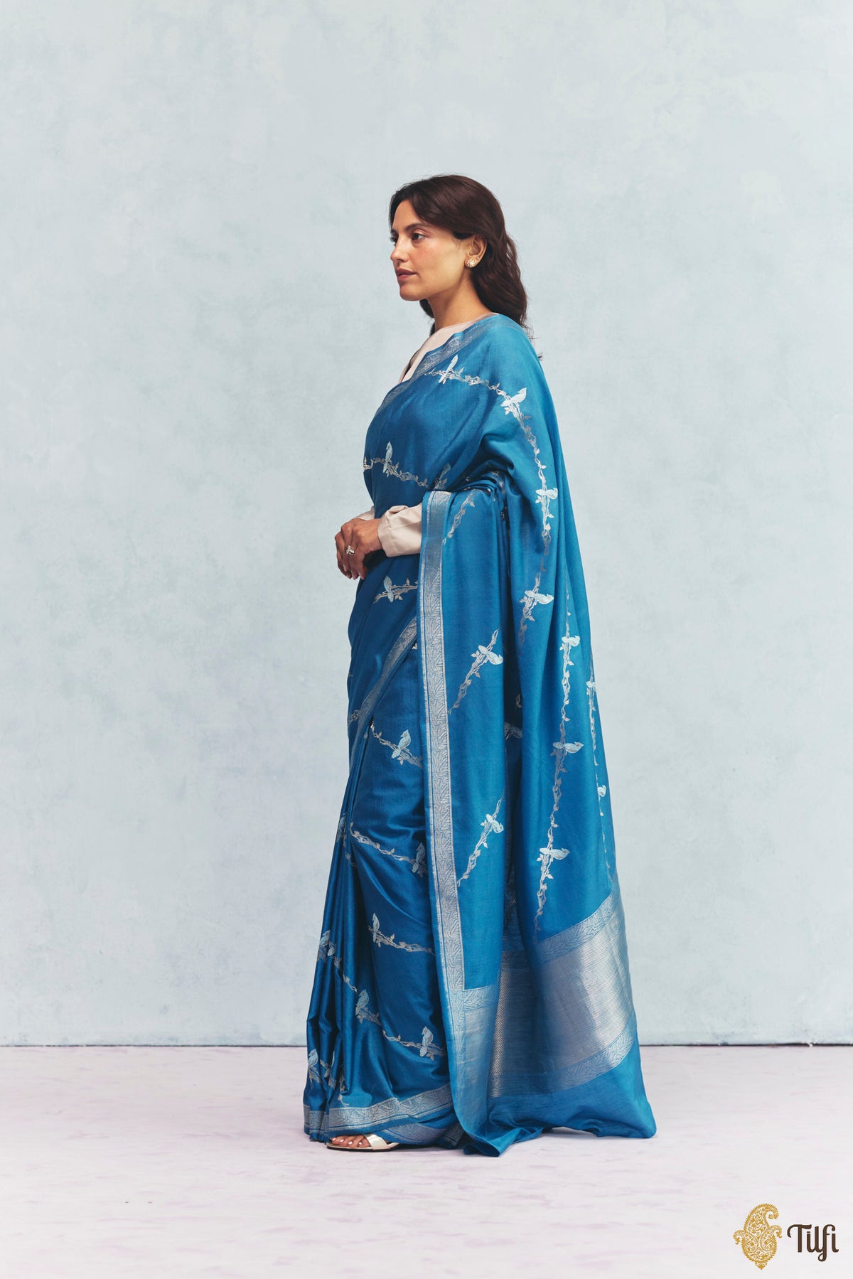 'Eden' Blue Silk-Pashmina Wool Banarasi Handloom Saree