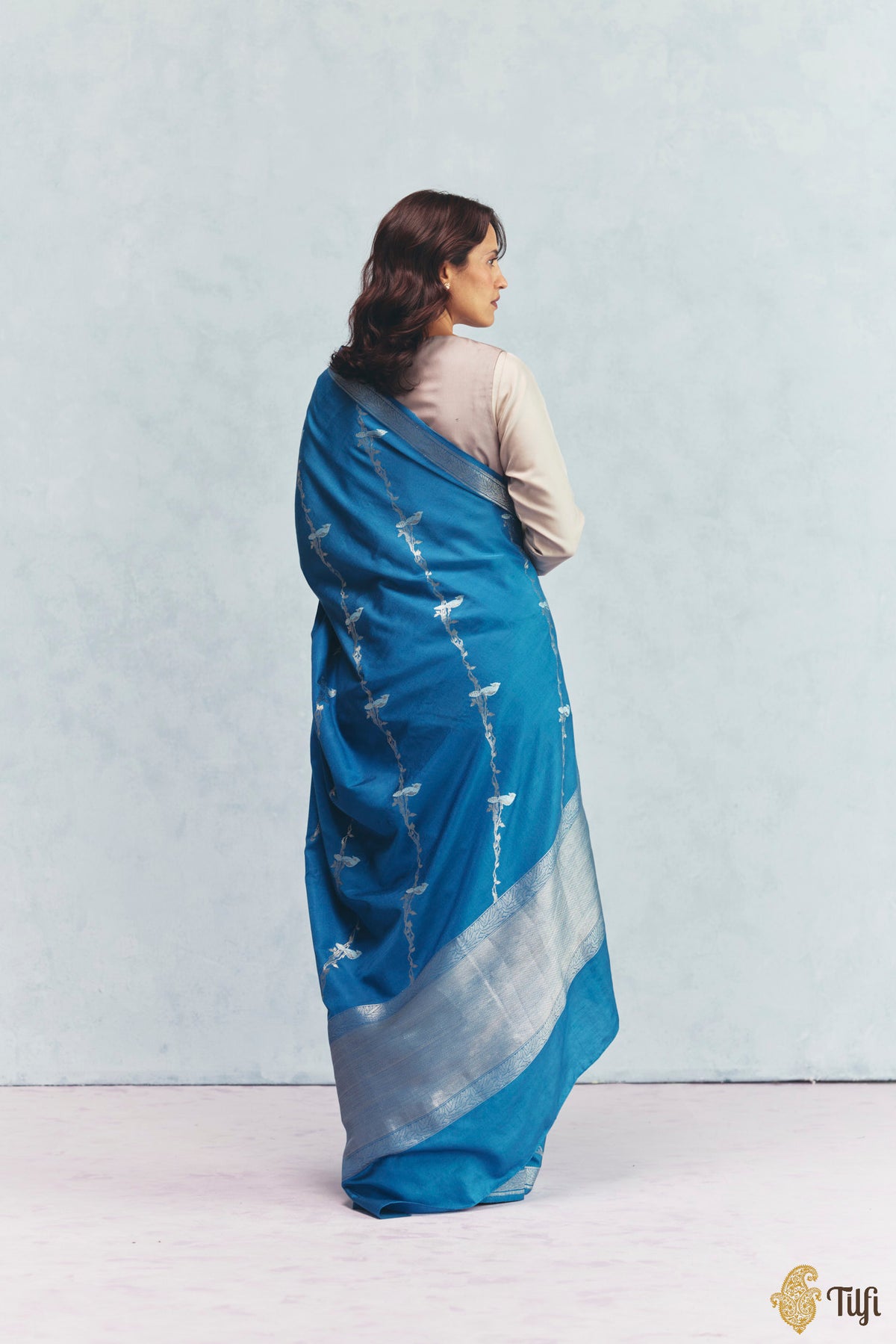 'Eden' Blue Silk-Pashmina Wool Banarasi Handloom Saree