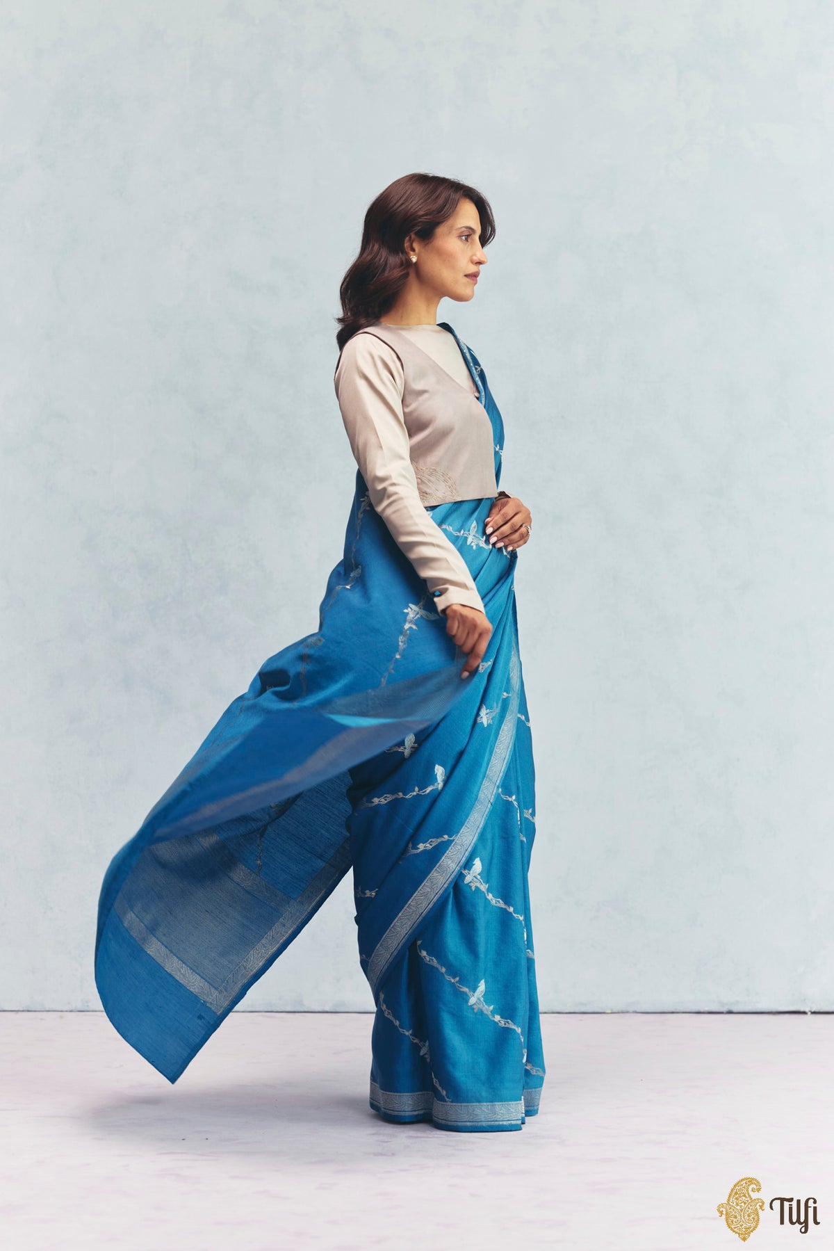 'Eden' Blue Silk-Pashmina Wool Banarasi Handloom Saree
