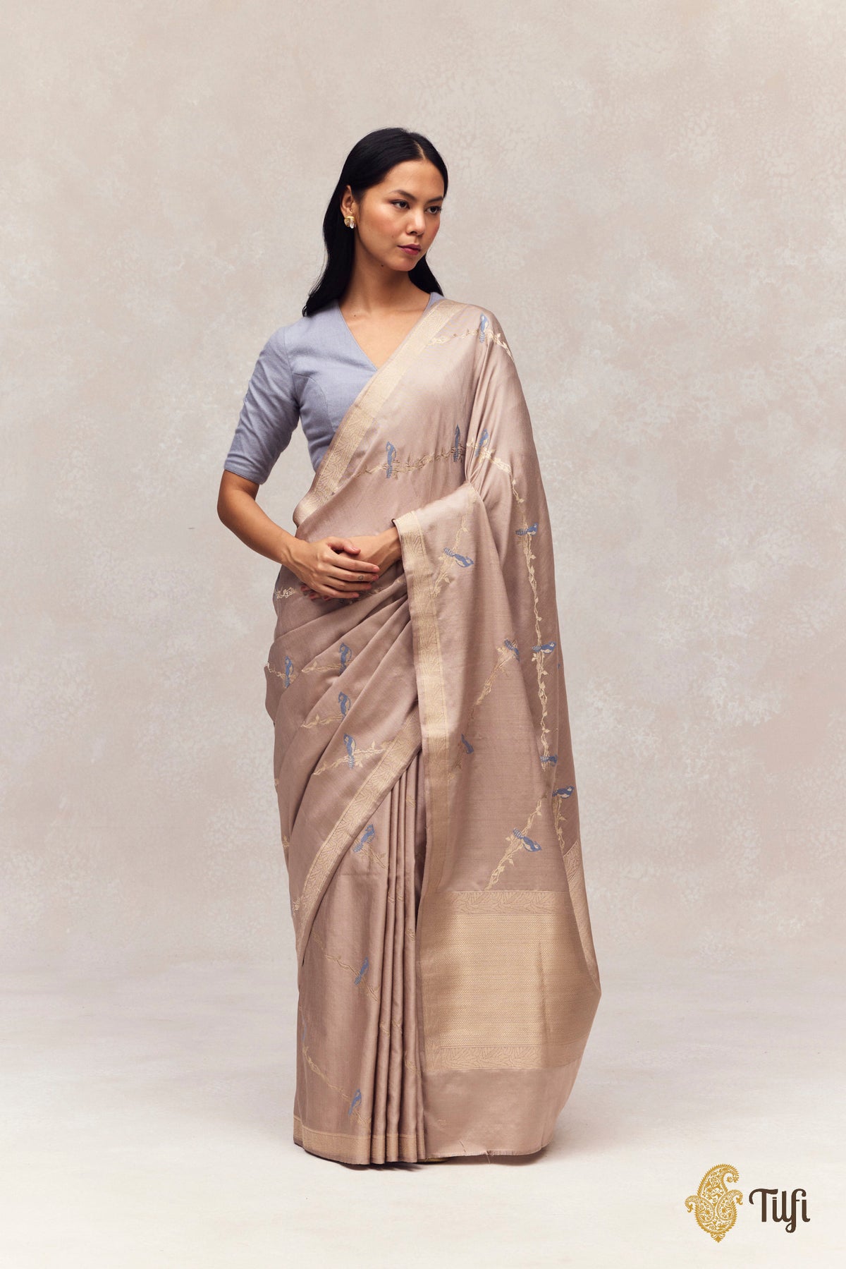 'Eden' Grey Silk-Pashmina Wool Banarasi Handloom Saree