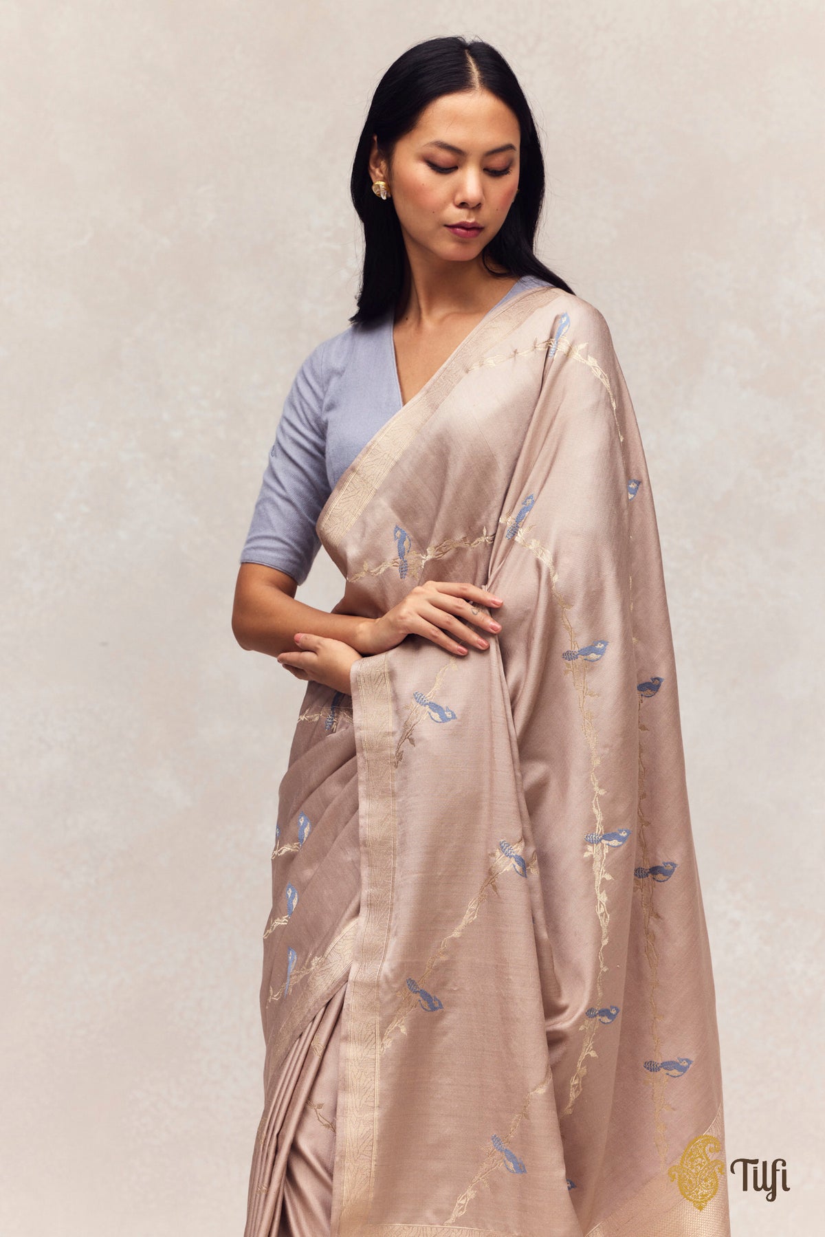 'Eden' Grey Silk-Pashmina Wool Banarasi Handloom Saree
