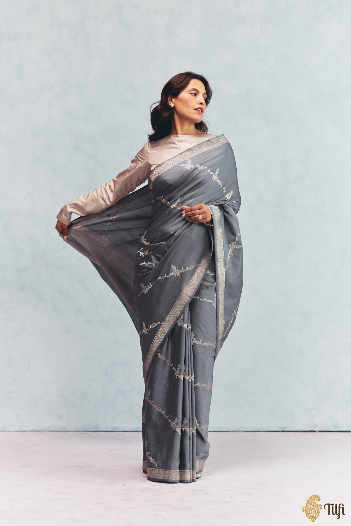 Pre-Order: 'Eden' Slate Grey Silk-Pashmina Wool Banarasi Handloom Saree