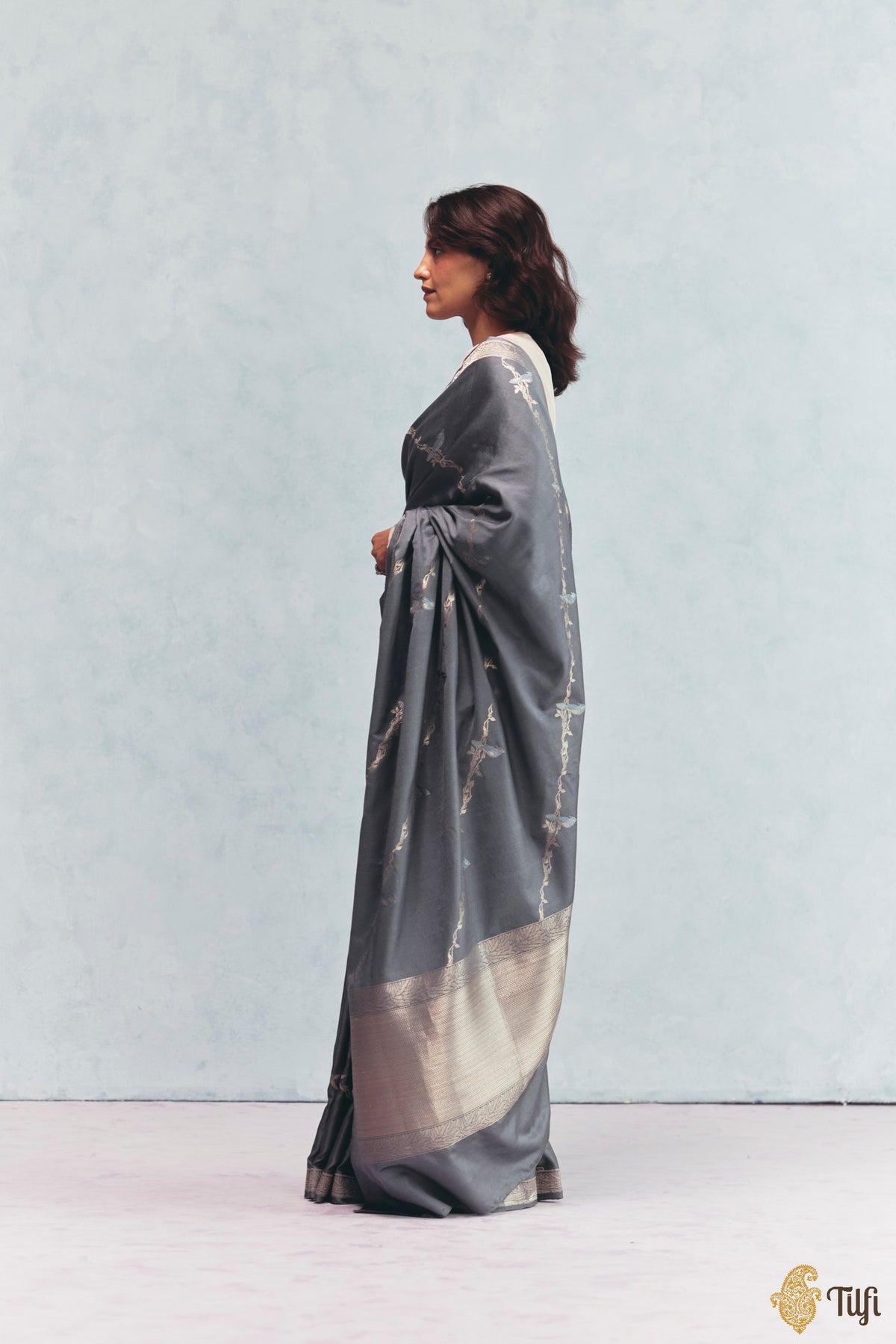 Pre-Order: 'Eden' Slate Grey Silk-Pashmina Wool Banarasi Handloom Saree