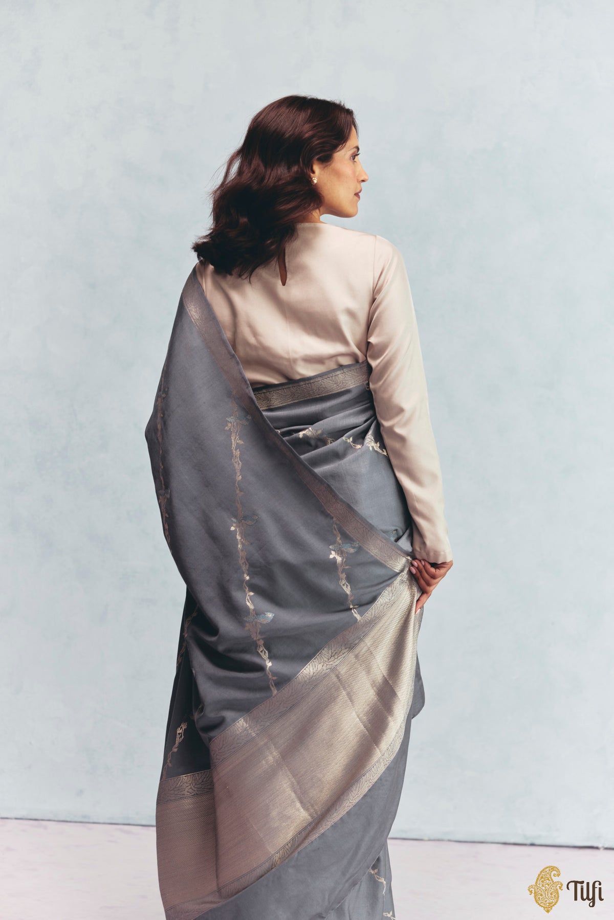 Pre-Order: 'Eden' Slate Grey Silk-Pashmina Wool Banarasi Handloom Saree