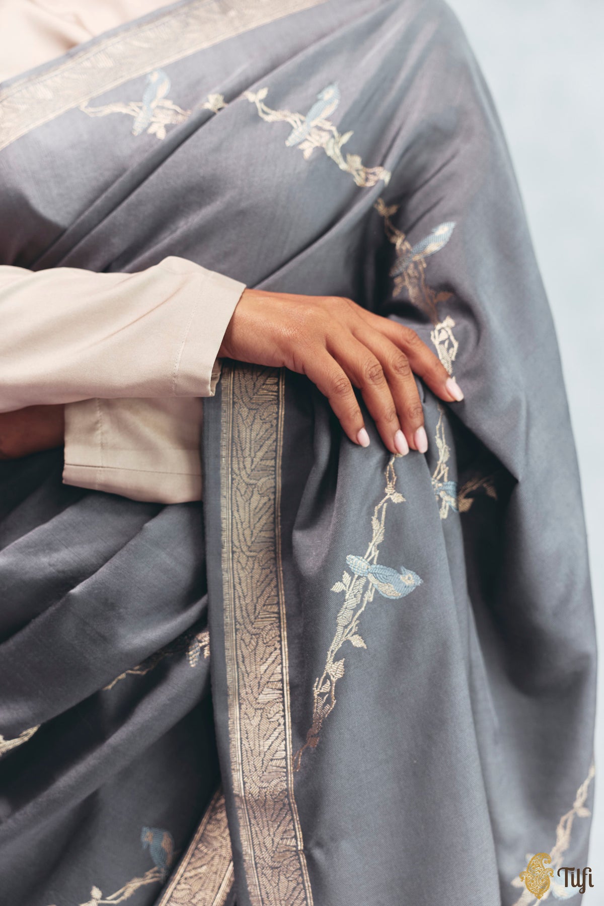 Pre-Order: 'Eden' Slate Grey Silk-Pashmina Wool Banarasi Handloom Saree