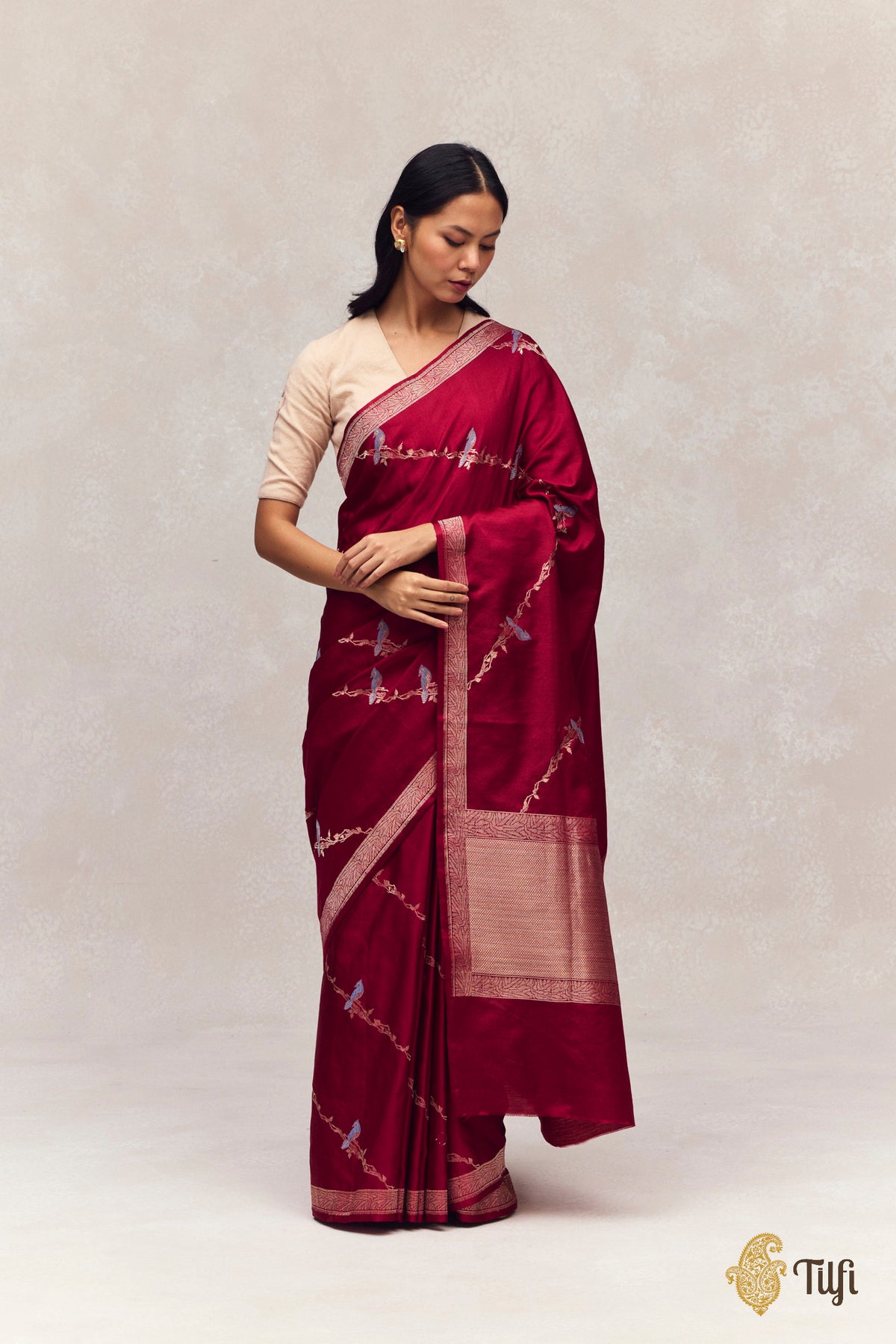 'Eden' Deep Maroon Silk-Pashmina Wool Banarasi Handloom Saree