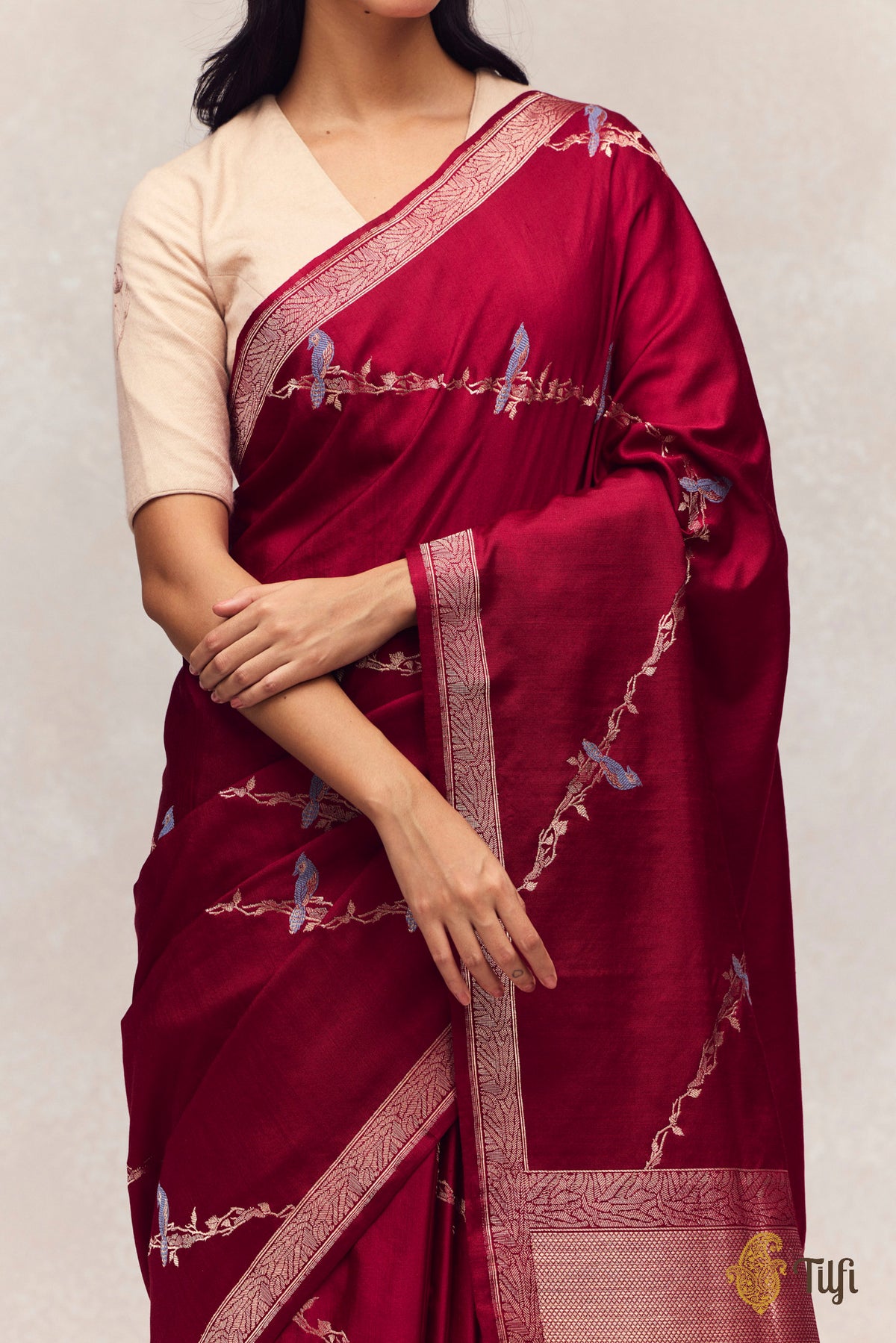 'Eden' Deep Maroon Silk-Pashmina Wool Banarasi Handloom Saree