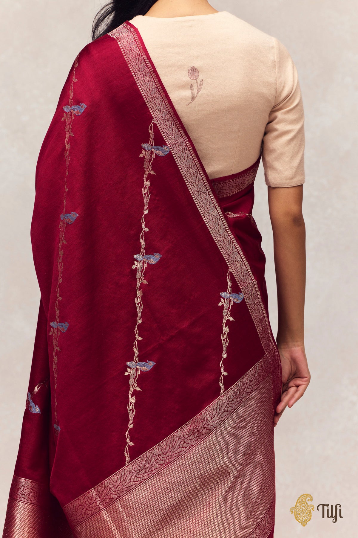 'Eden' Deep Maroon Silk-Pashmina Wool Banarasi Handloom Saree