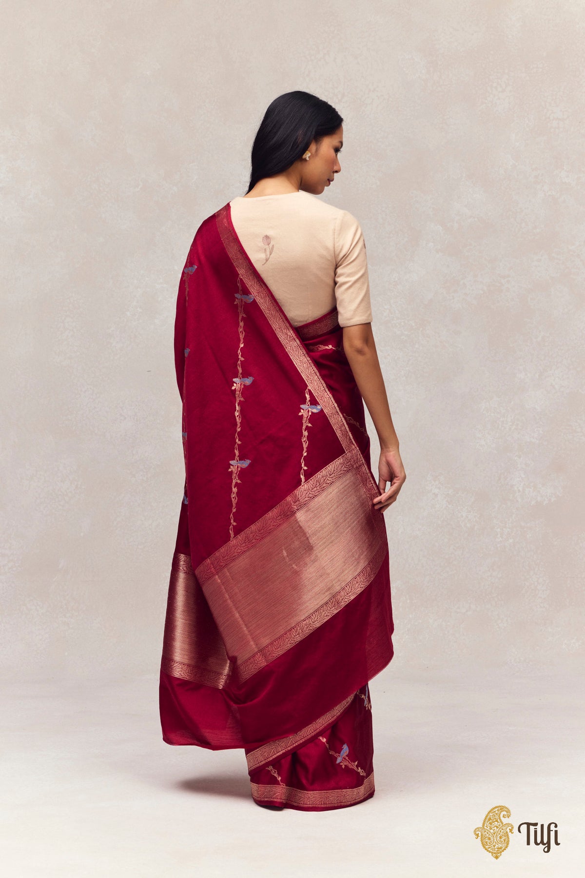 'Eden' Deep Maroon Silk-Pashmina Wool Banarasi Handloom Saree