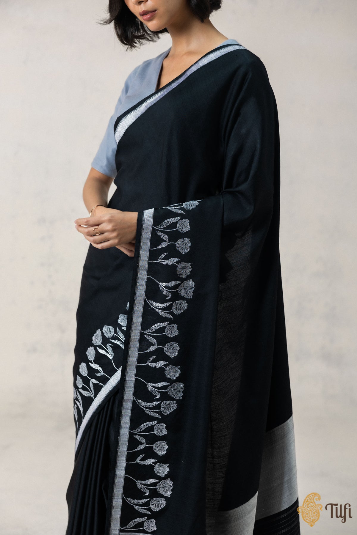 Black Silk-Pashmina Wool Banarasi Handloom Saree