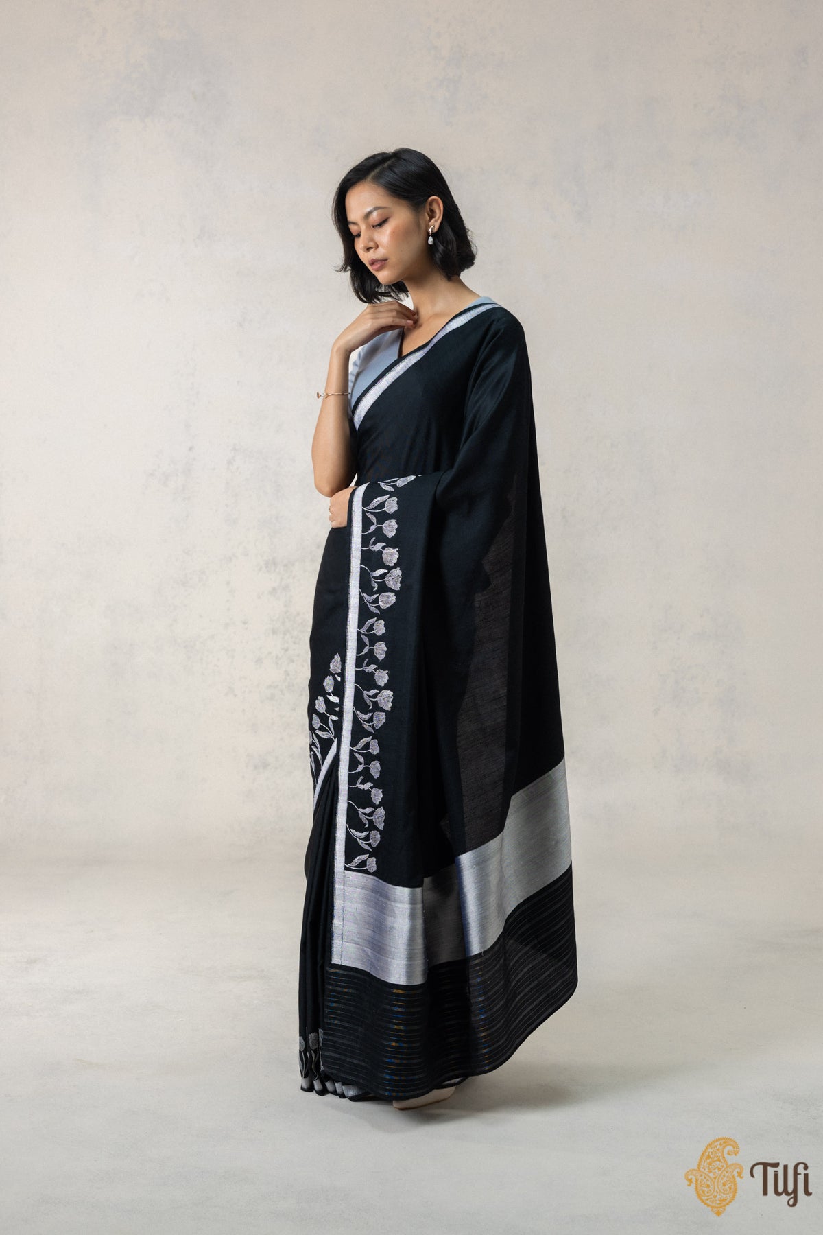 Black Silk-Pashmina Wool Banarasi Handloom Saree