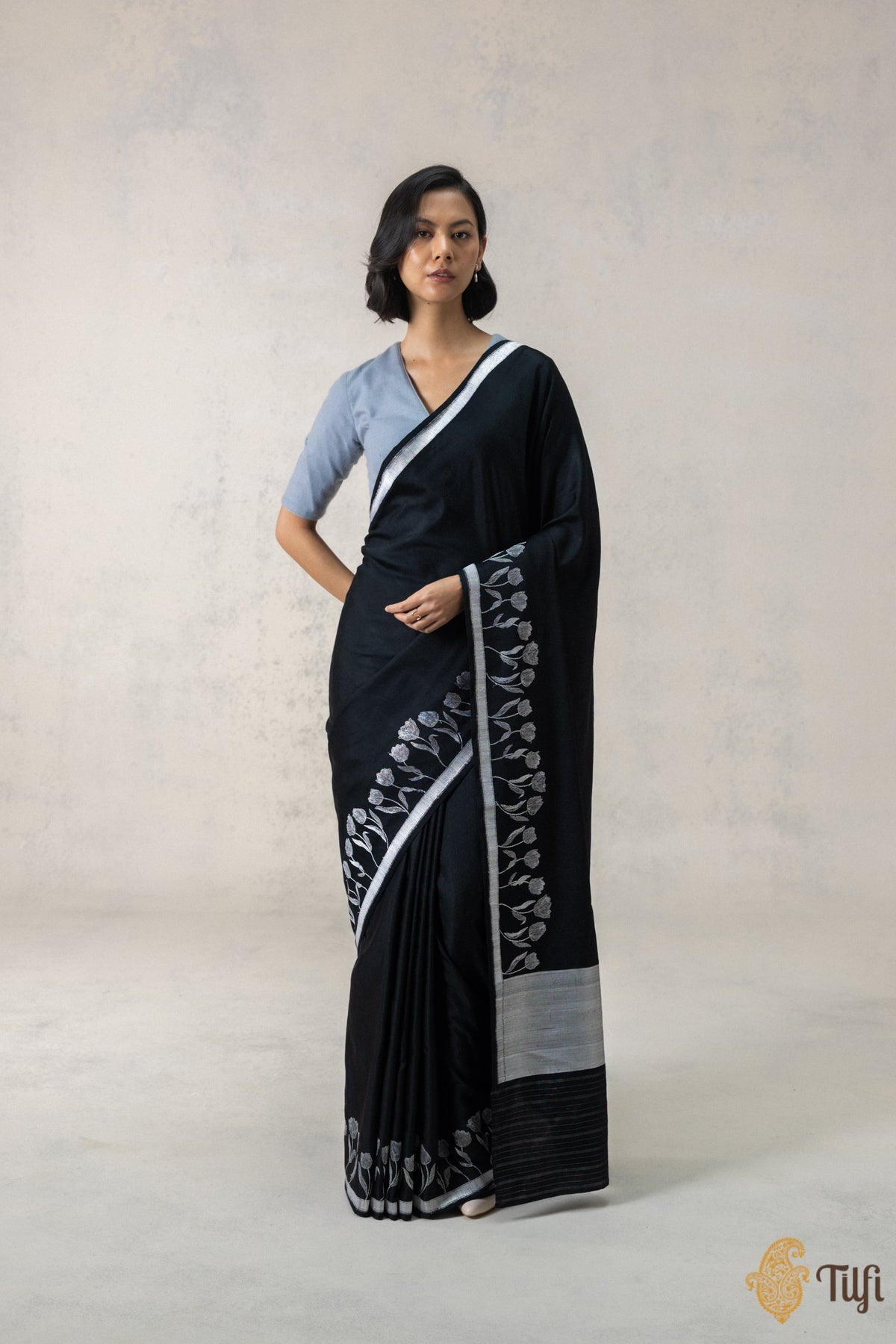 Black Silk-Pashmina Wool Banarasi Handloom Saree