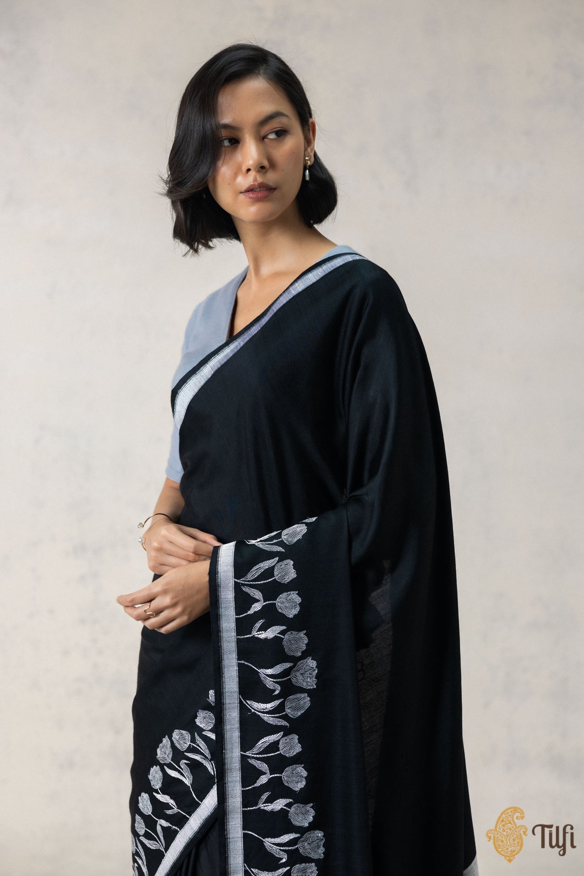 Black Silk-Pashmina Wool Banarasi Handloom Saree