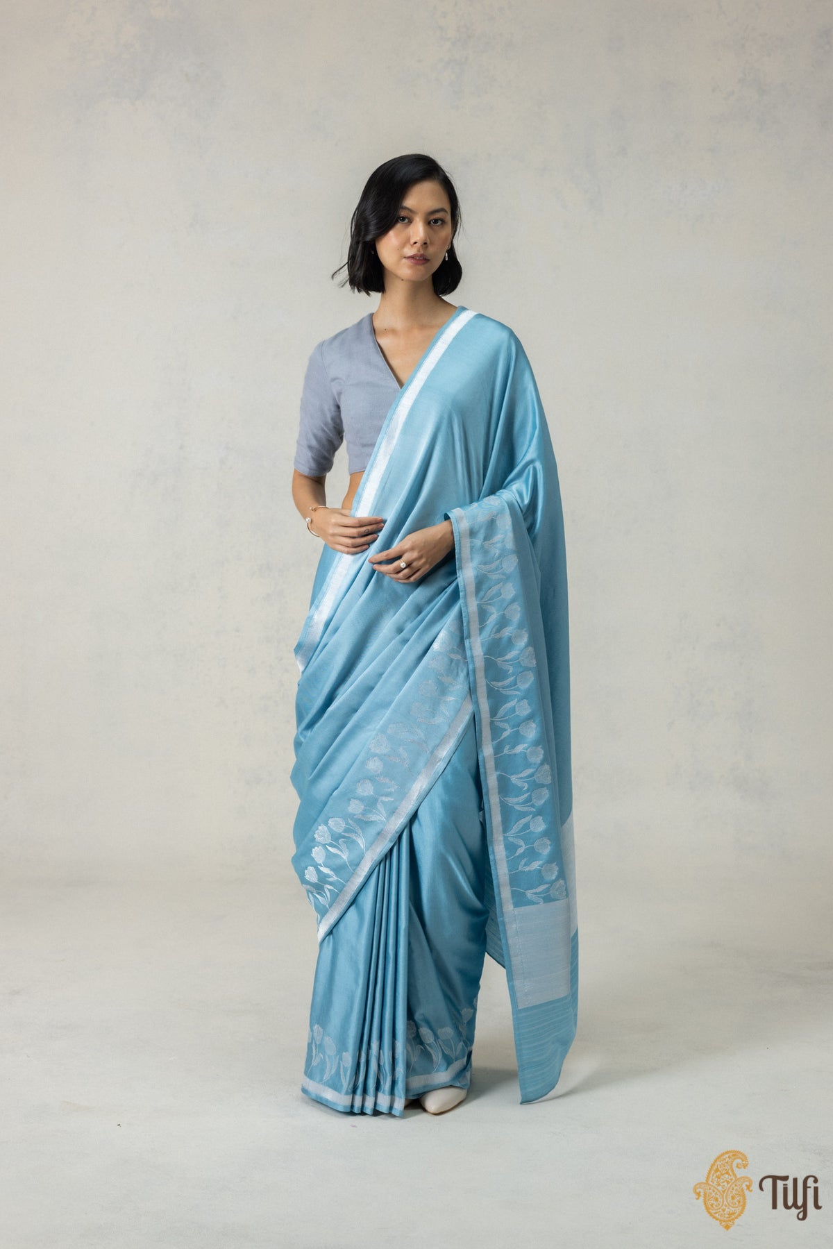 Light Blue Silk-Pashmina Wool Banarasi Handloom Saree