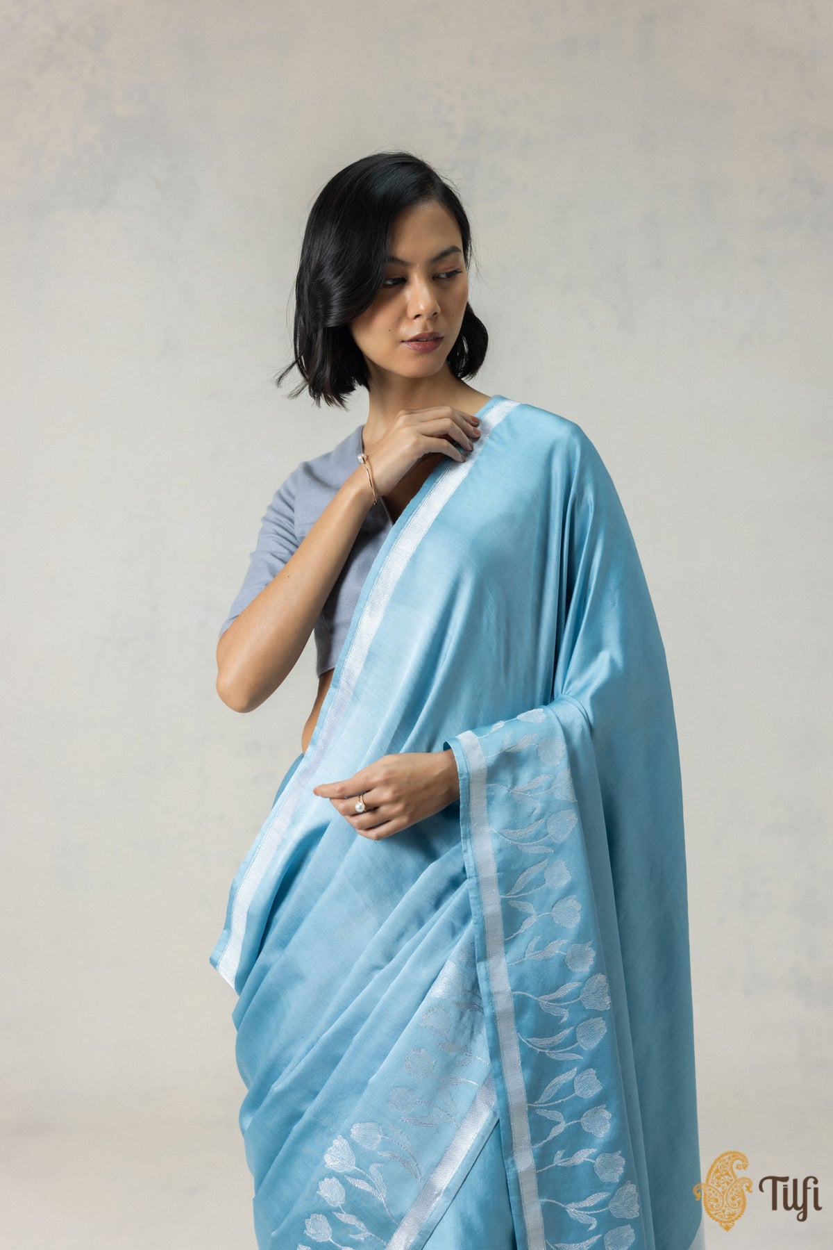 Light Blue Silk-Pashmina Wool Banarasi Handloom Saree