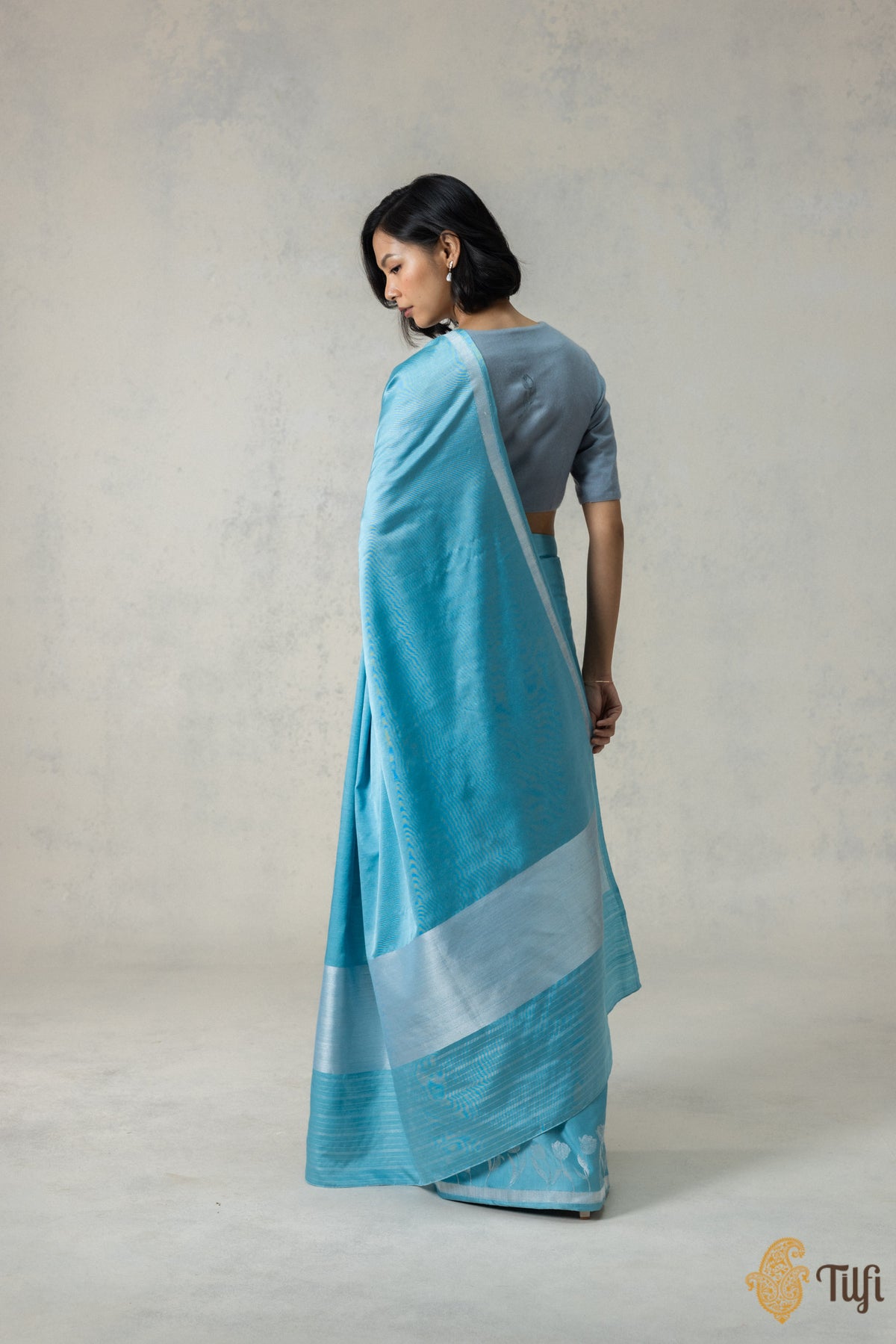 Light Blue Silk-Pashmina Wool Banarasi Handloom Saree