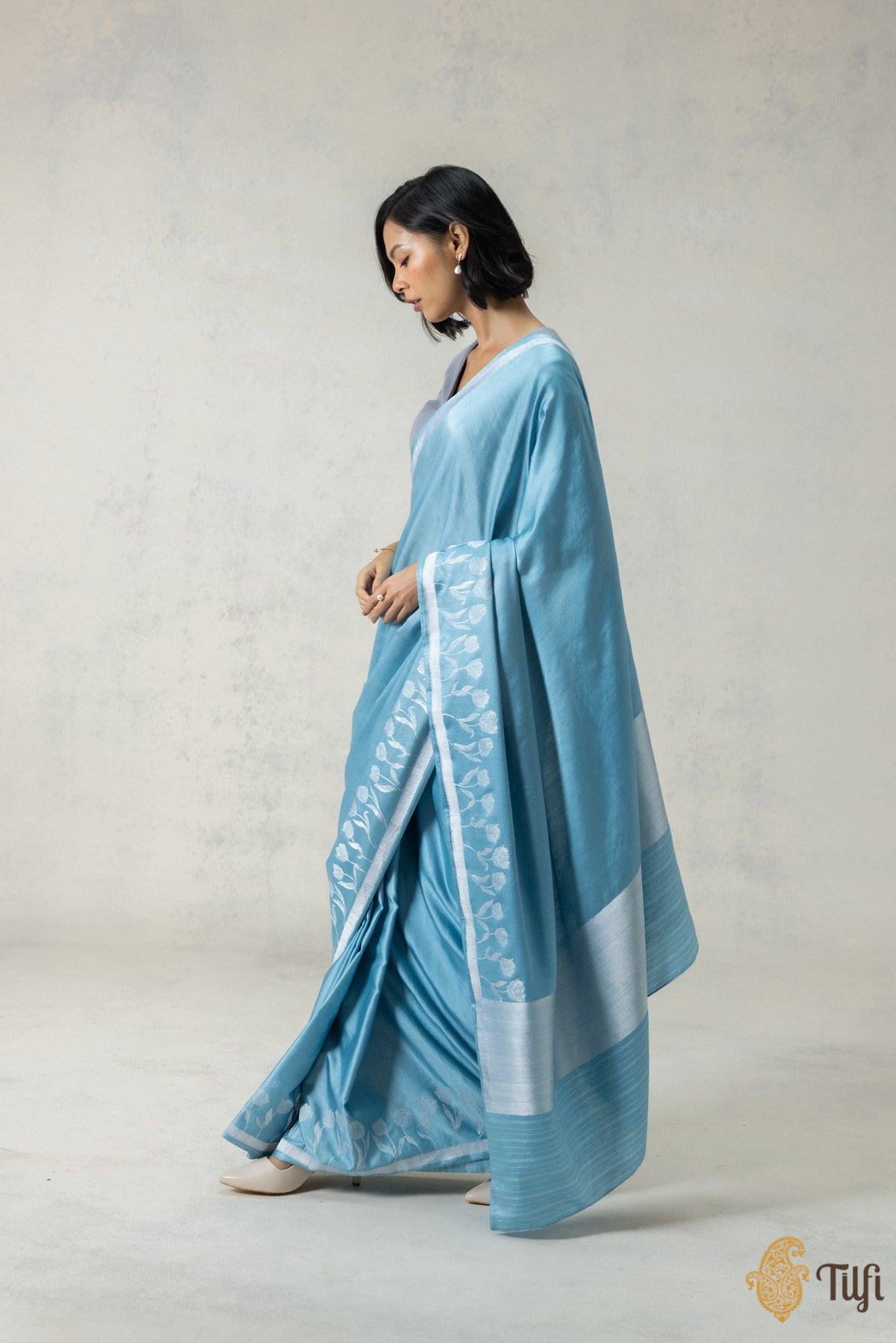 Light Blue Silk-Pashmina Wool Banarasi Handloom Saree