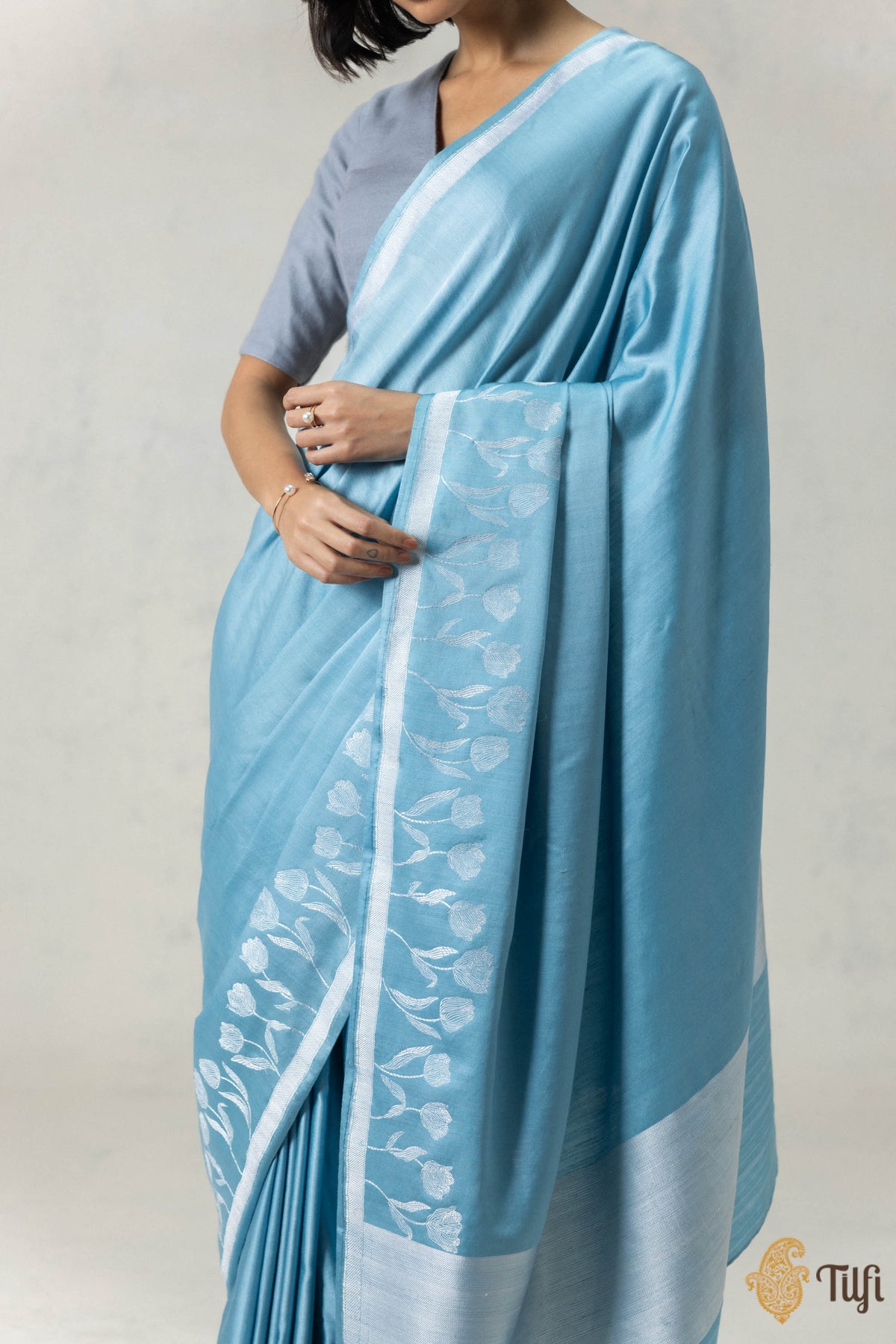 Light Blue Silk-Pashmina Wool Banarasi Handloom Saree