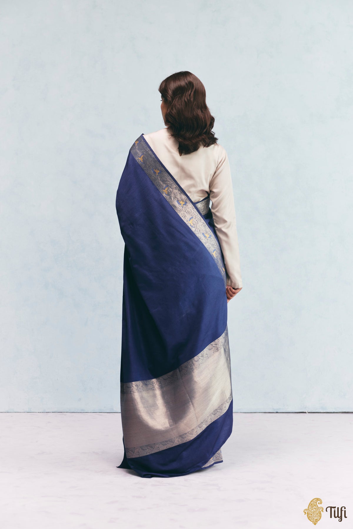 'FrostBorn' Navy Blue Silk-Pashmina Wool Banarasi Handloom Saree