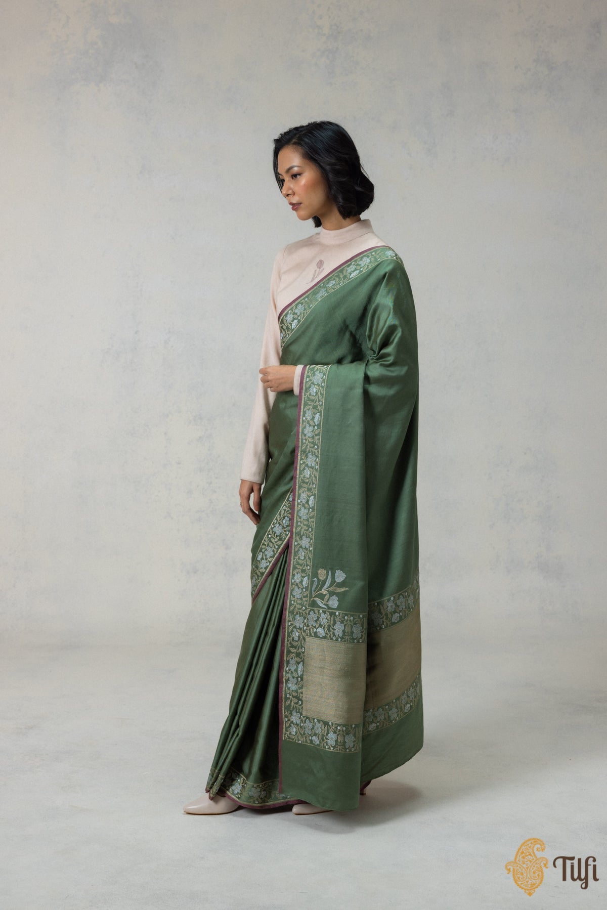 Green Silk-Wool Banarasi Handloom Saree