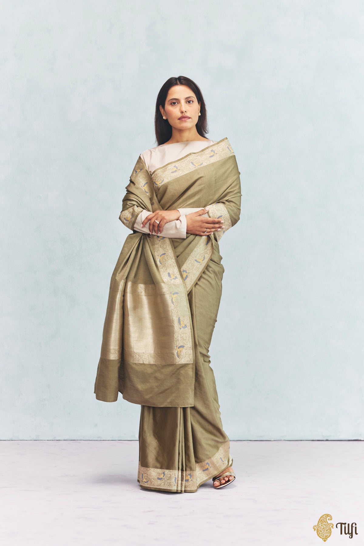 'FrostBorn' Light Green Silk-Pashmina Wool Banarasi Handloom Saree