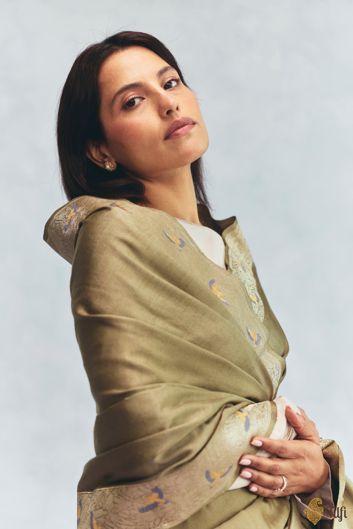 'FrostBorn' Light Green Silk-Pashmina Wool Banarasi Handloom Saree