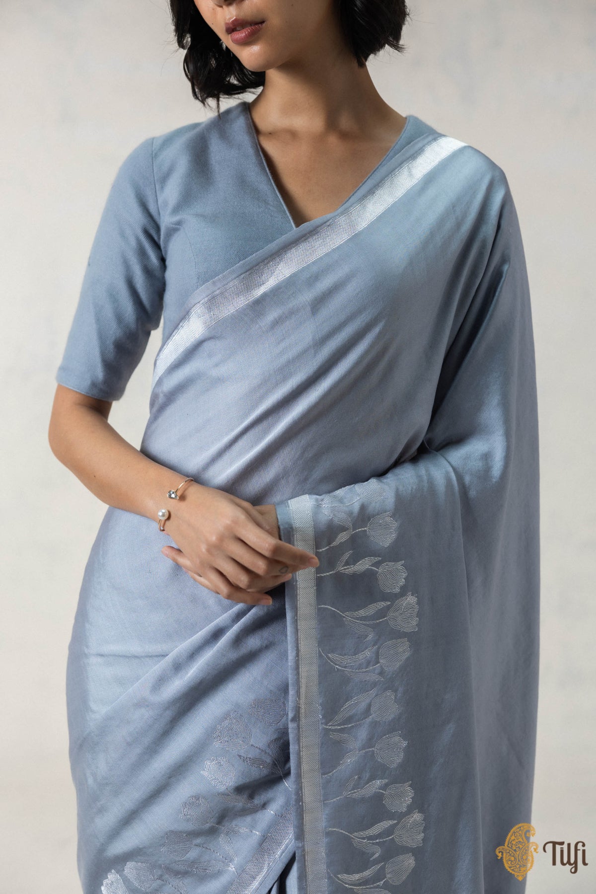 Grey Silk-Pashmina Wool Banarasi Handloom Saree