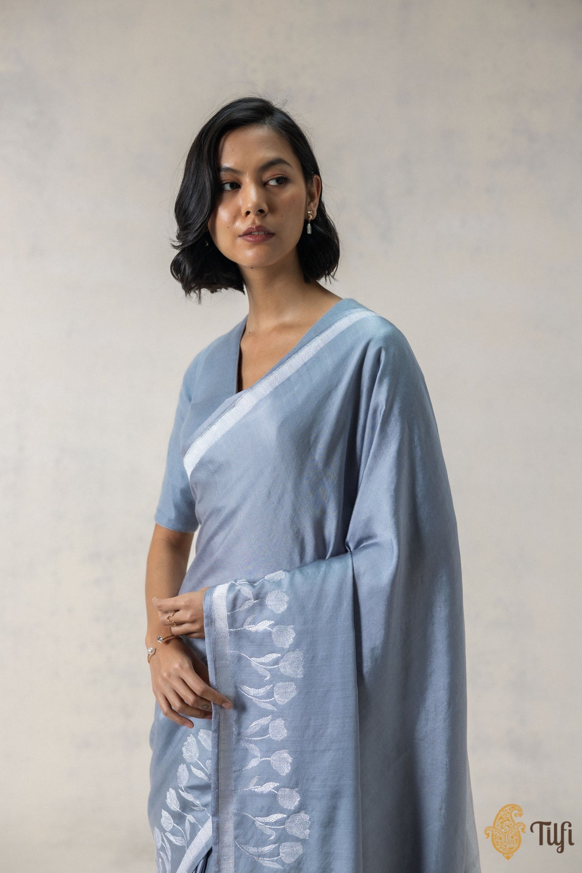 Grey Silk-Pashmina Wool Banarasi Handloom Saree