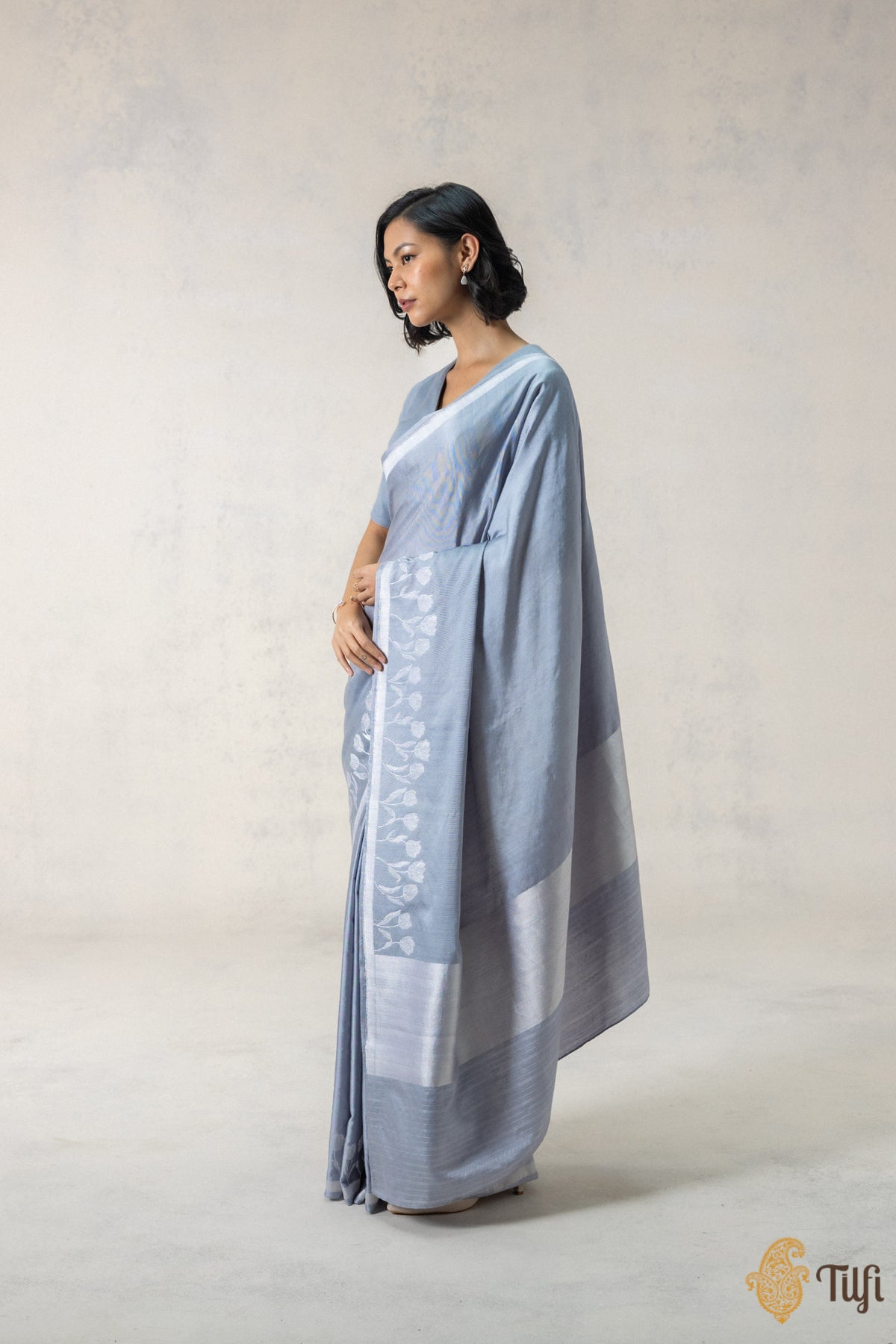 Grey Silk-Pashmina Wool Banarasi Handloom Saree