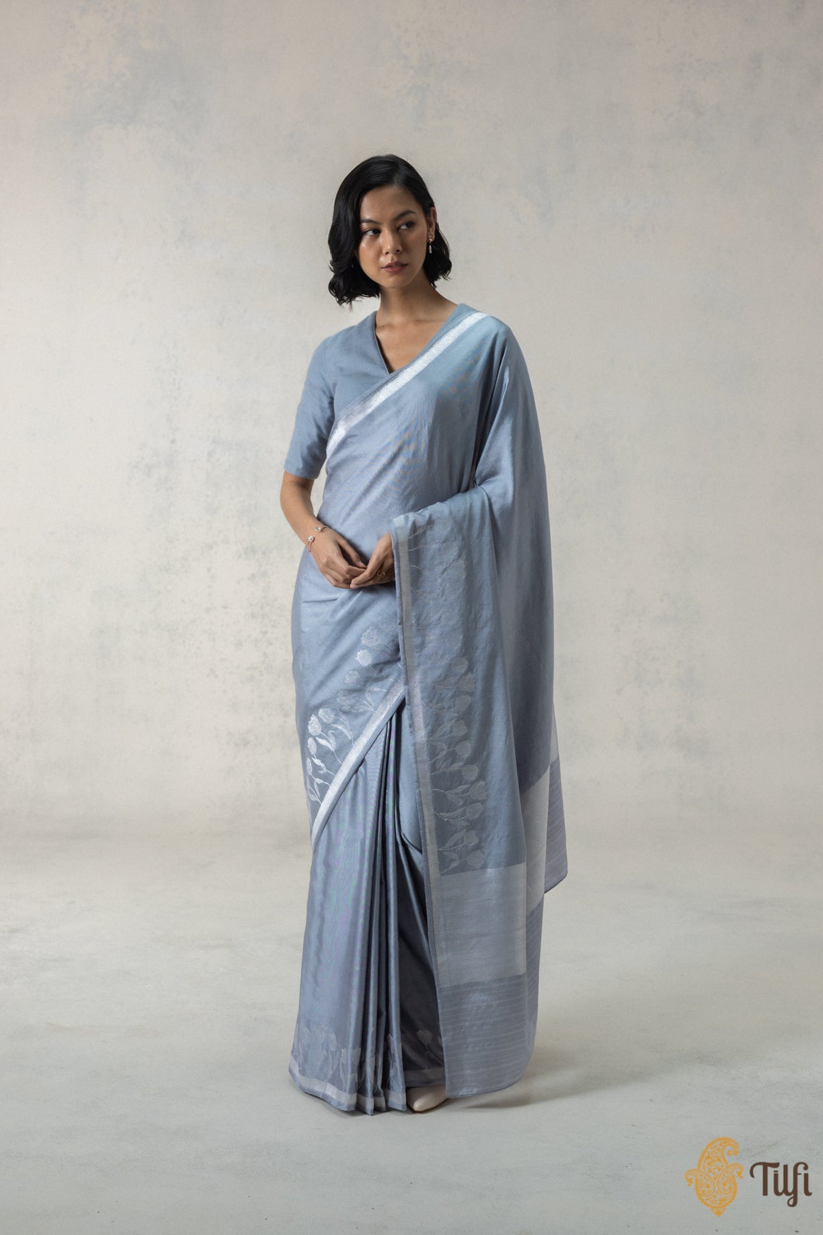 Grey Silk-Pashmina Wool Banarasi Handloom Saree