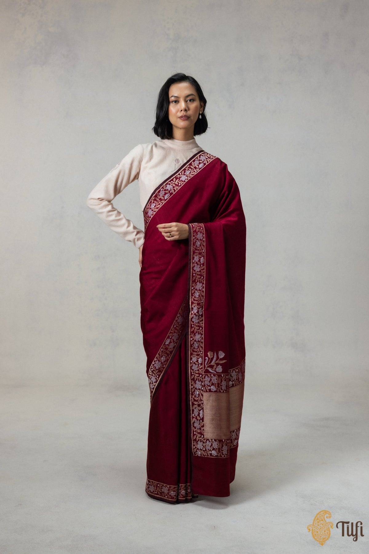 Maroon Silk-Pashmina Wool Banarasi Handloom Saree