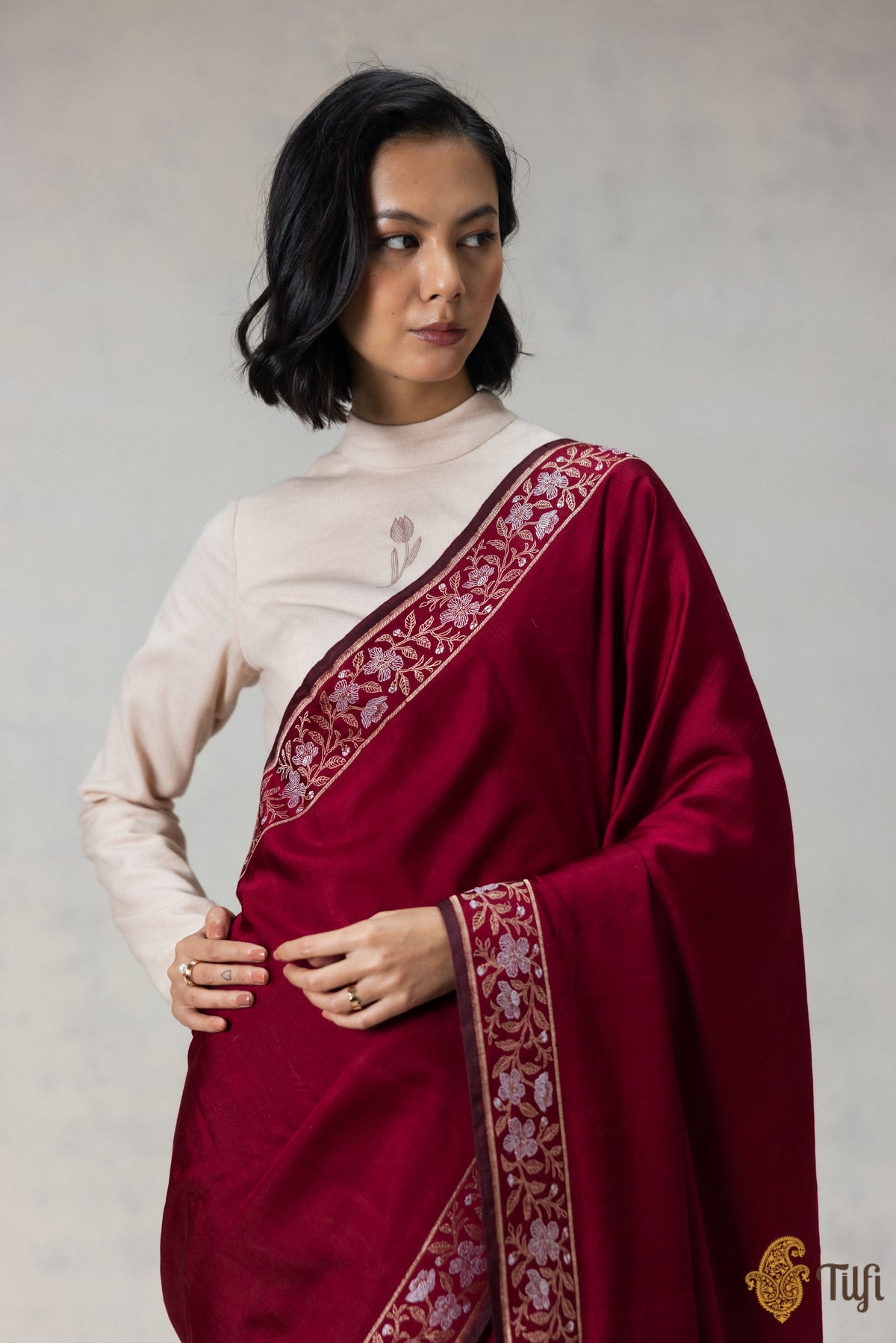 Maroon Silk-Pashmina Wool Banarasi Handloom Saree