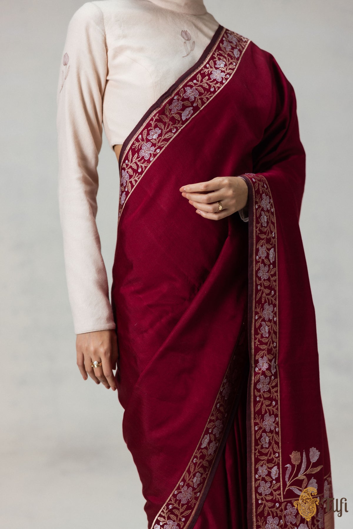 Maroon Silk-Pashmina Wool Banarasi Handloom Saree