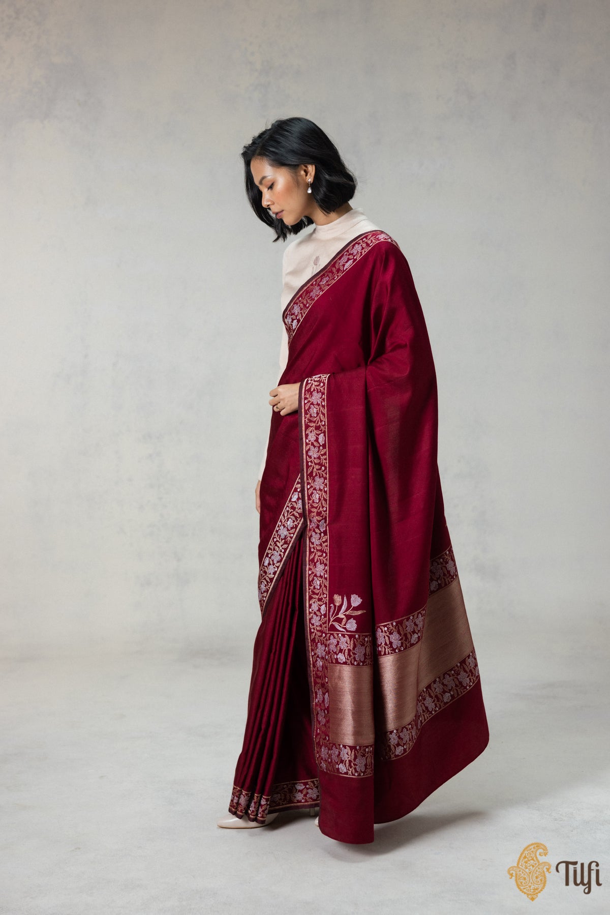 Maroon Silk-Pashmina Wool Banarasi Handloom Saree