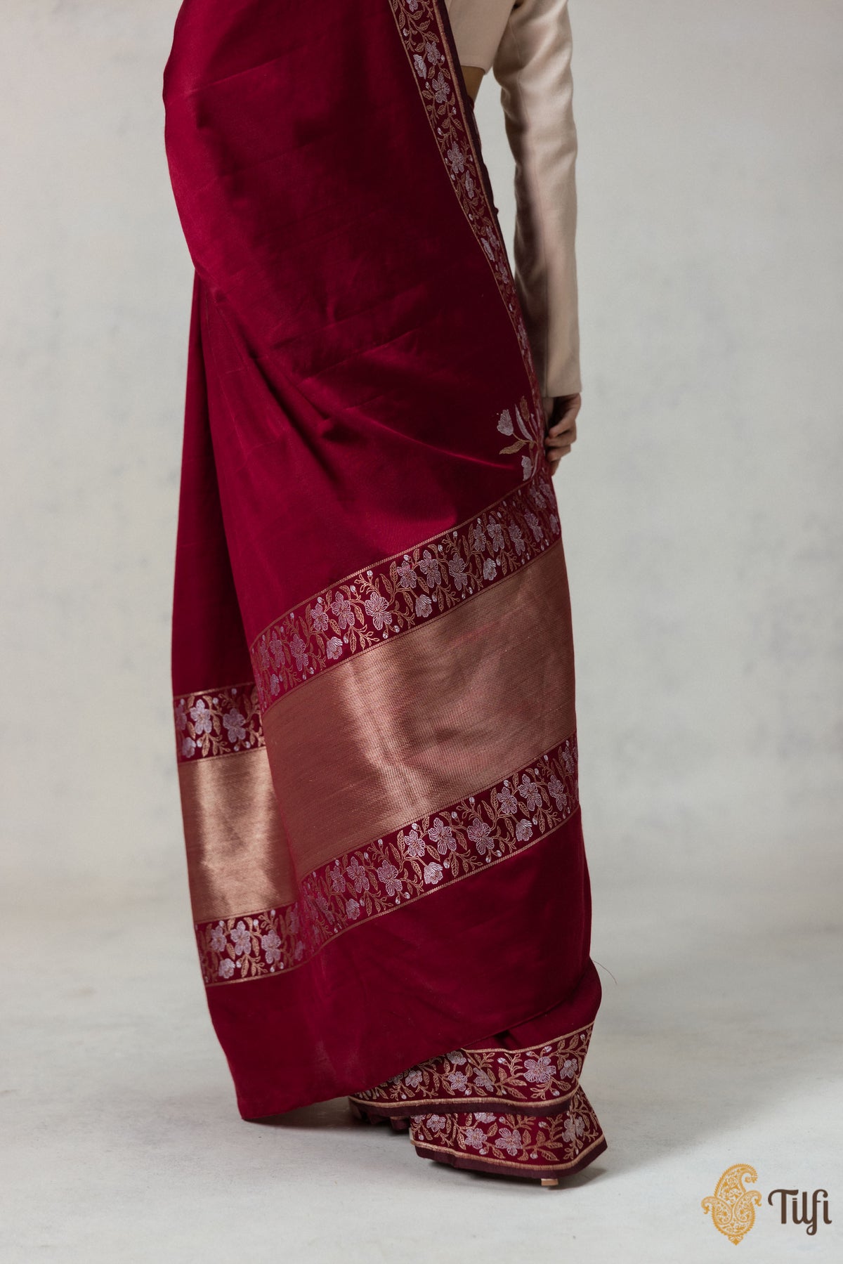 Maroon Silk-Pashmina Wool Banarasi Handloom Saree