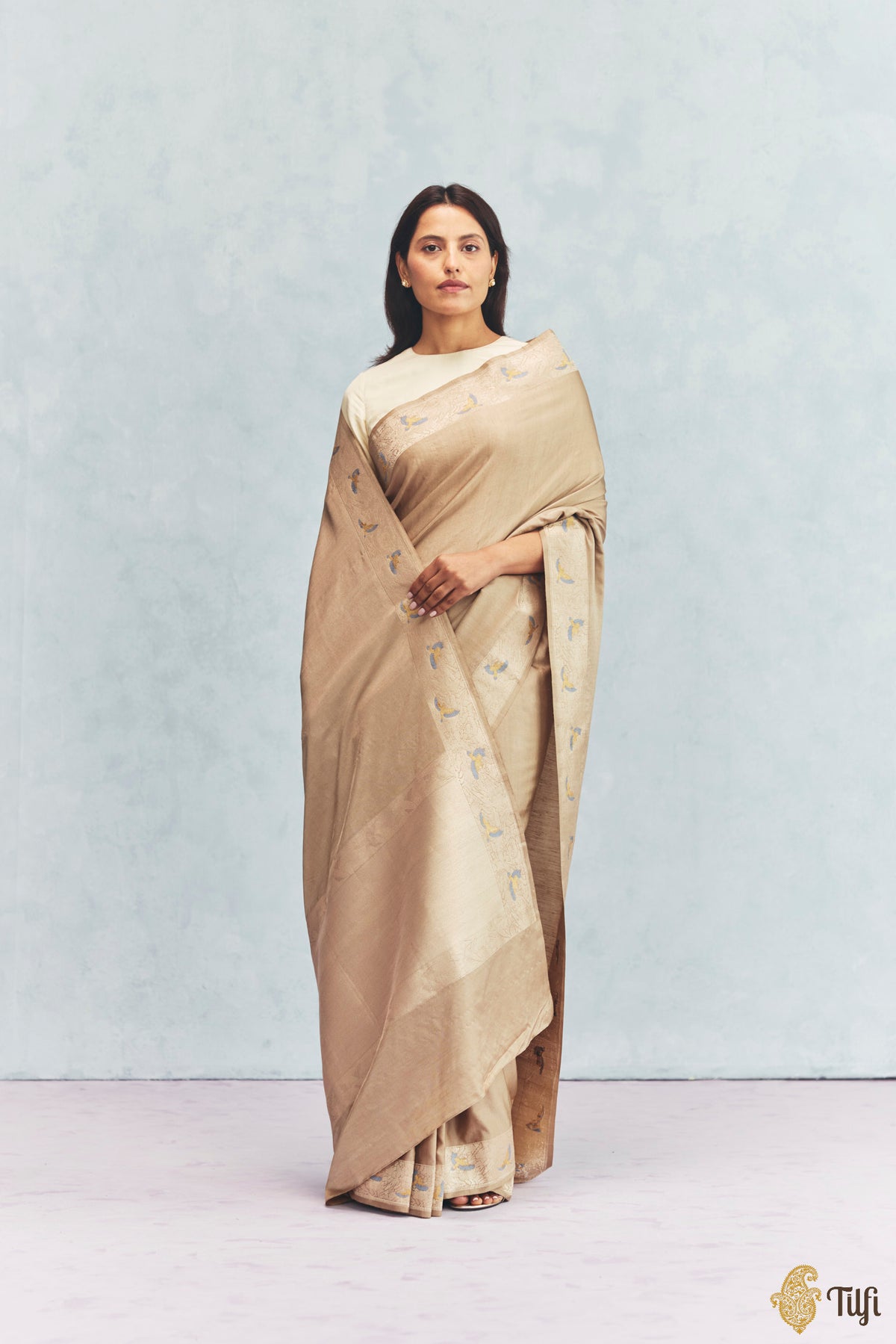 Pre-Order: 'FrostBorn' Cream-Beige Silk-Pashmina Wool Banarasi Handloom Saree