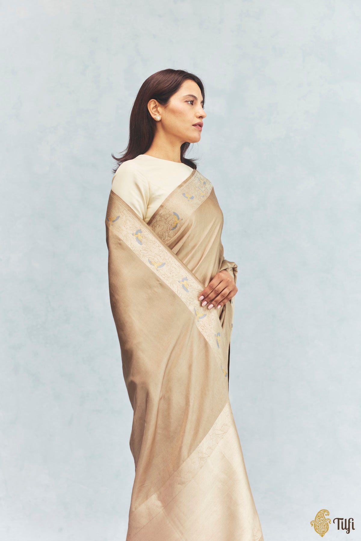 Pre-Order: 'FrostBorn' Cream-Beige Silk-Pashmina Wool Banarasi Handloom Saree