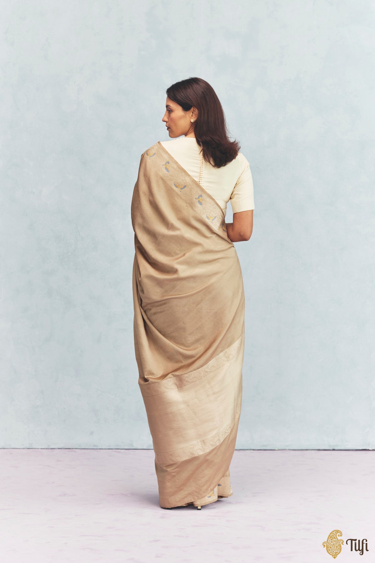 Pre-Order: 'FrostBorn' Cream-Beige Silk-Pashmina Wool Banarasi Handloom Saree